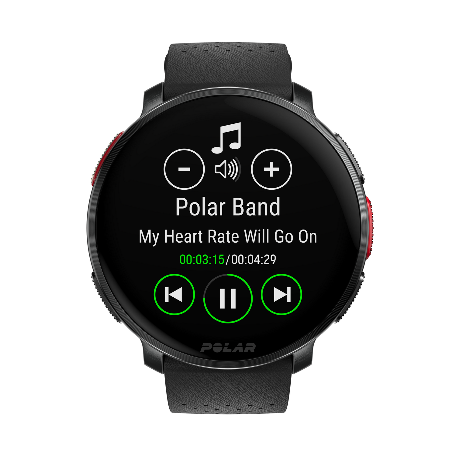 Smartwatch negra con controles de música y logo Polar Band.