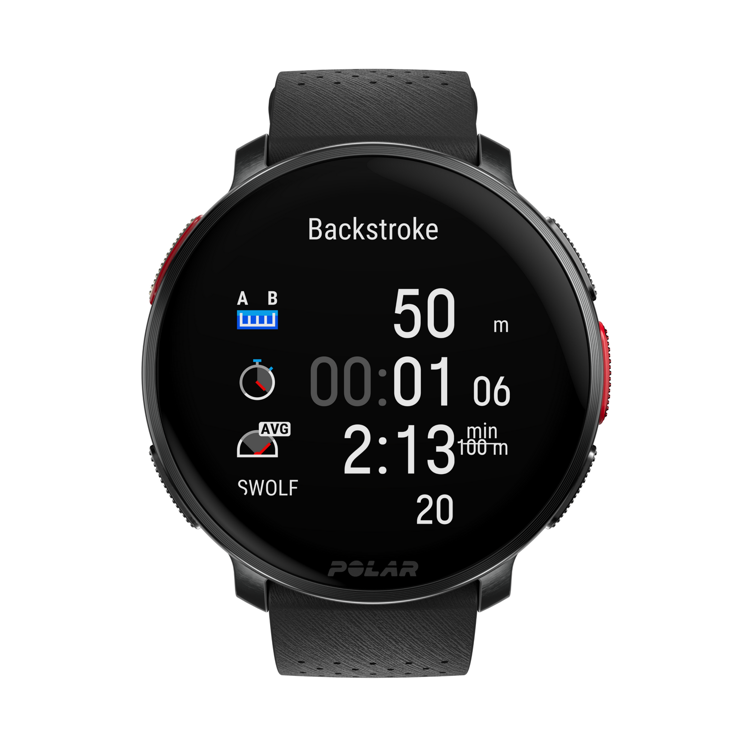 Reloj inteligente negro muestra métricas de natación: 50m distancia, 00:01 tiempo, 2:13 ritmo y puntuación SWOLF, con acentos rojos.