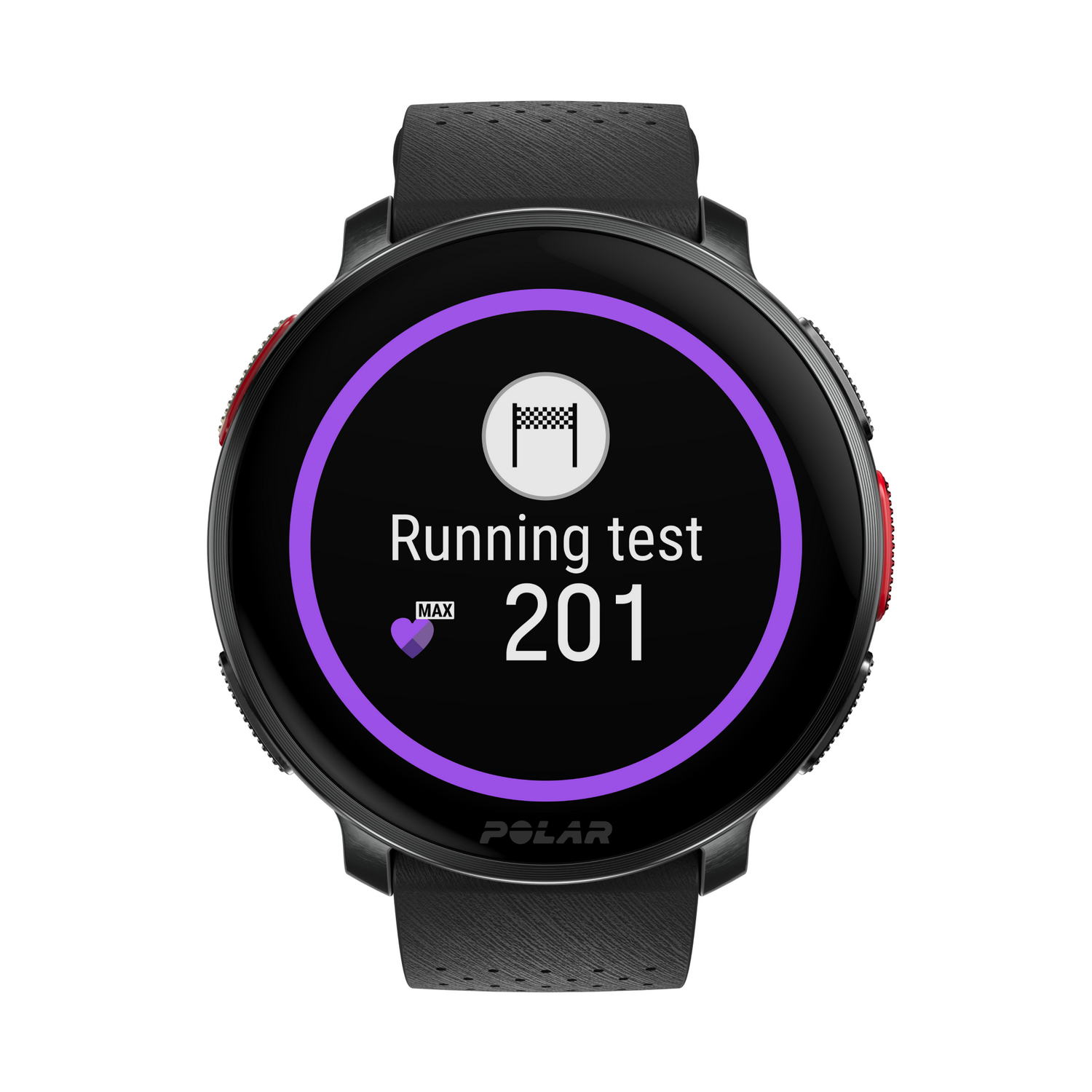 Smartwatch mostrando una prueba de carrera con un icono de corazón y el número 201.
