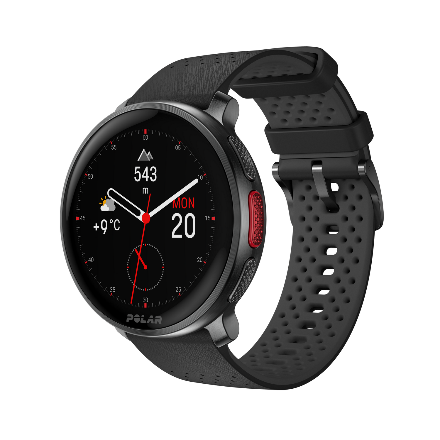 Smartwatch negra con pantalla redonda que muestra la hora y la temperatura.