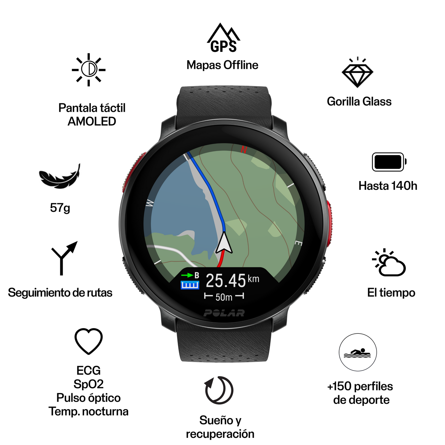 Smartwatch mostrando mapa y estadísticas. Iconos muestran funciones.