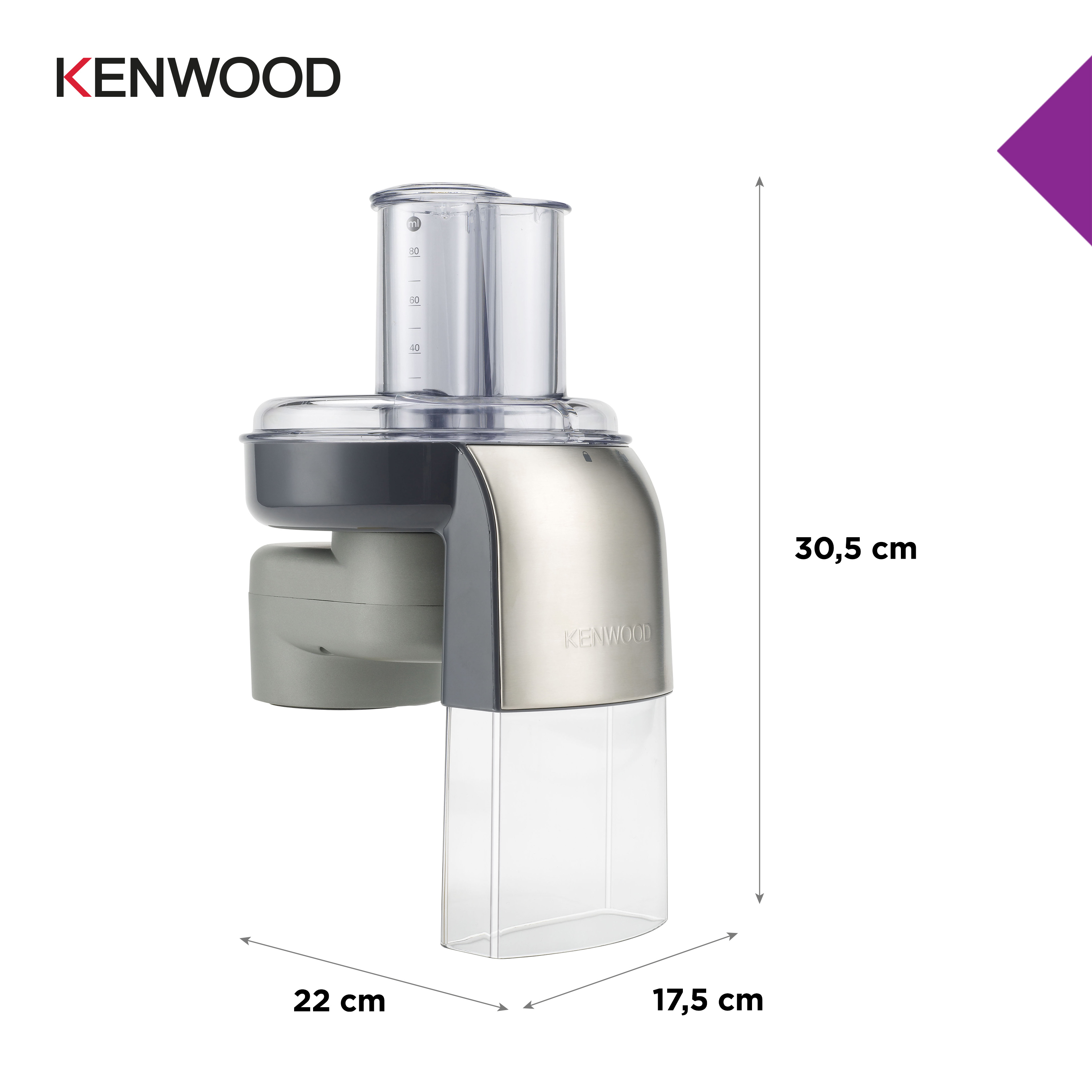 Ein Kenwood Küchenmaschinen-Aufsatz mit Abmessungen.