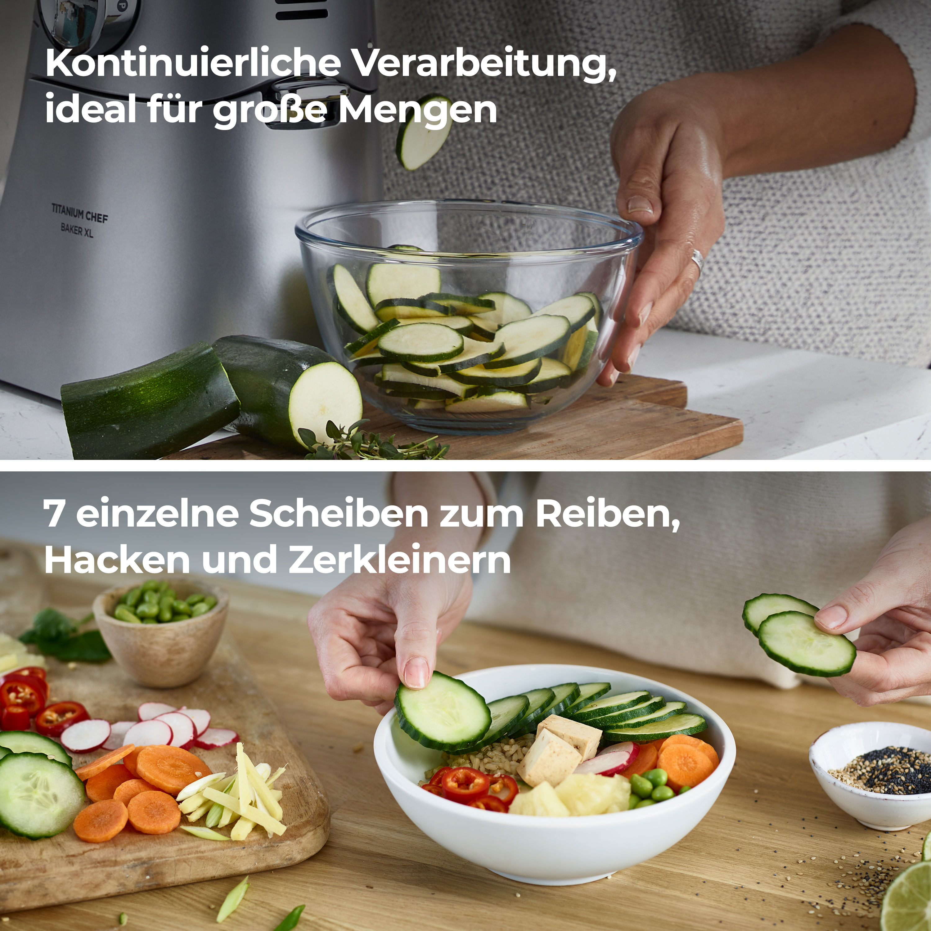 Ein Kenwood-Küchengerät wird mit Zucchinischeiben und einer Schüssel mit gehacktem Gemüse und Salat gezeigt.