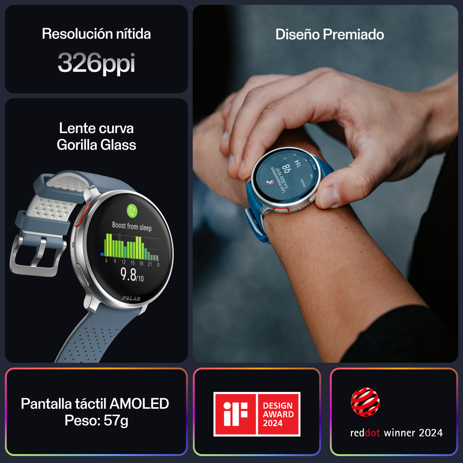 Un reloj inteligente con pantalla digital e información.