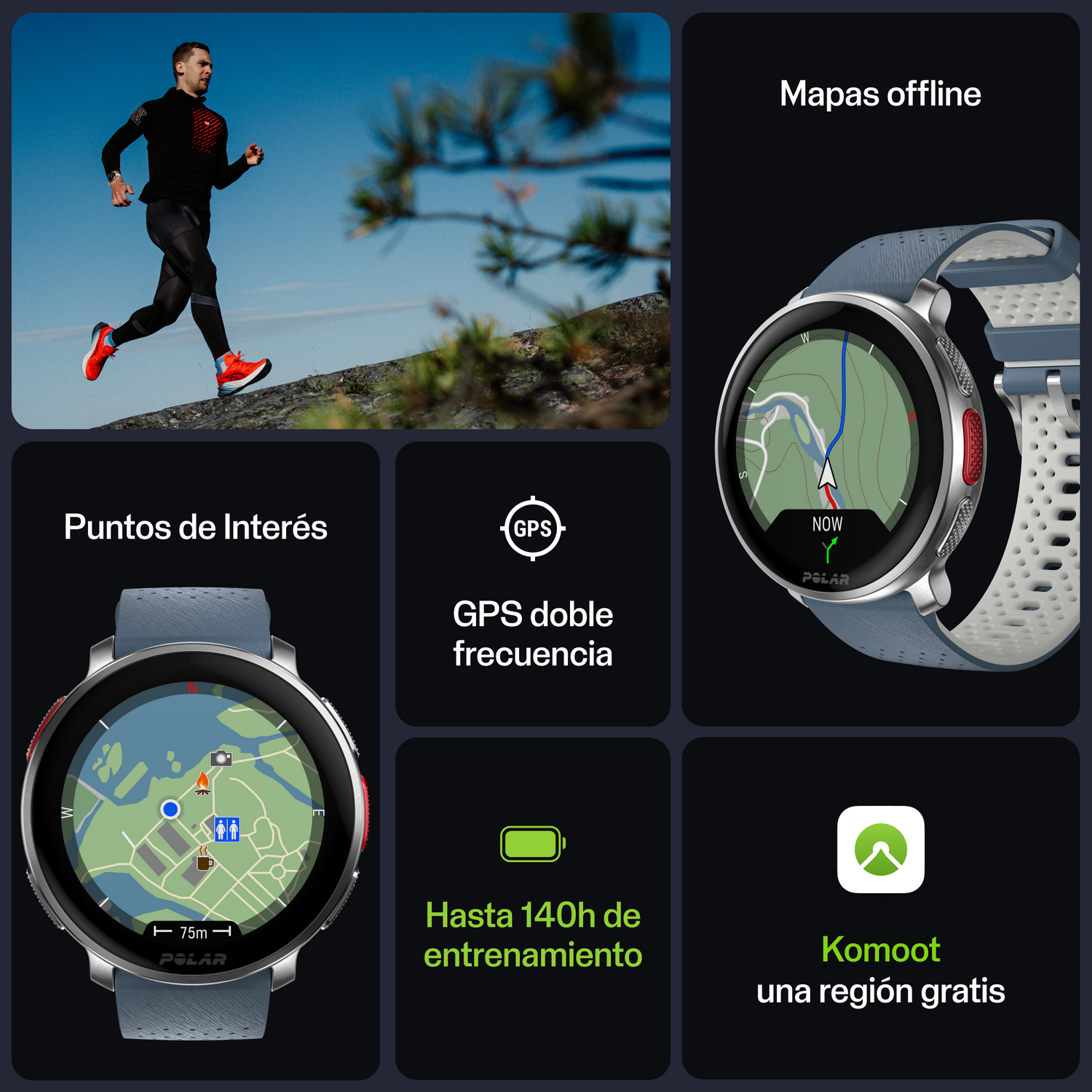 Reloj con mapa, hombre corriendo e iconos de funciones.