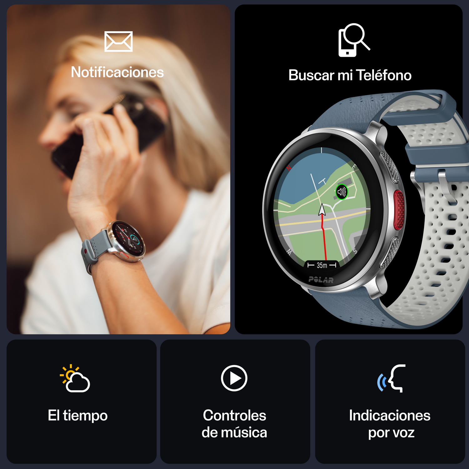 Reloj inteligente con mapa. Tiene notificación, búsqueda de teléfono, hora, control de música.