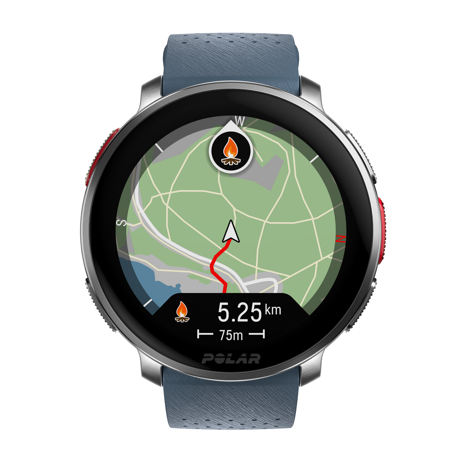 Un reloj inteligente con un mapa y una ruta en su pantalla. El reloj es azul y tiene botones rojos.