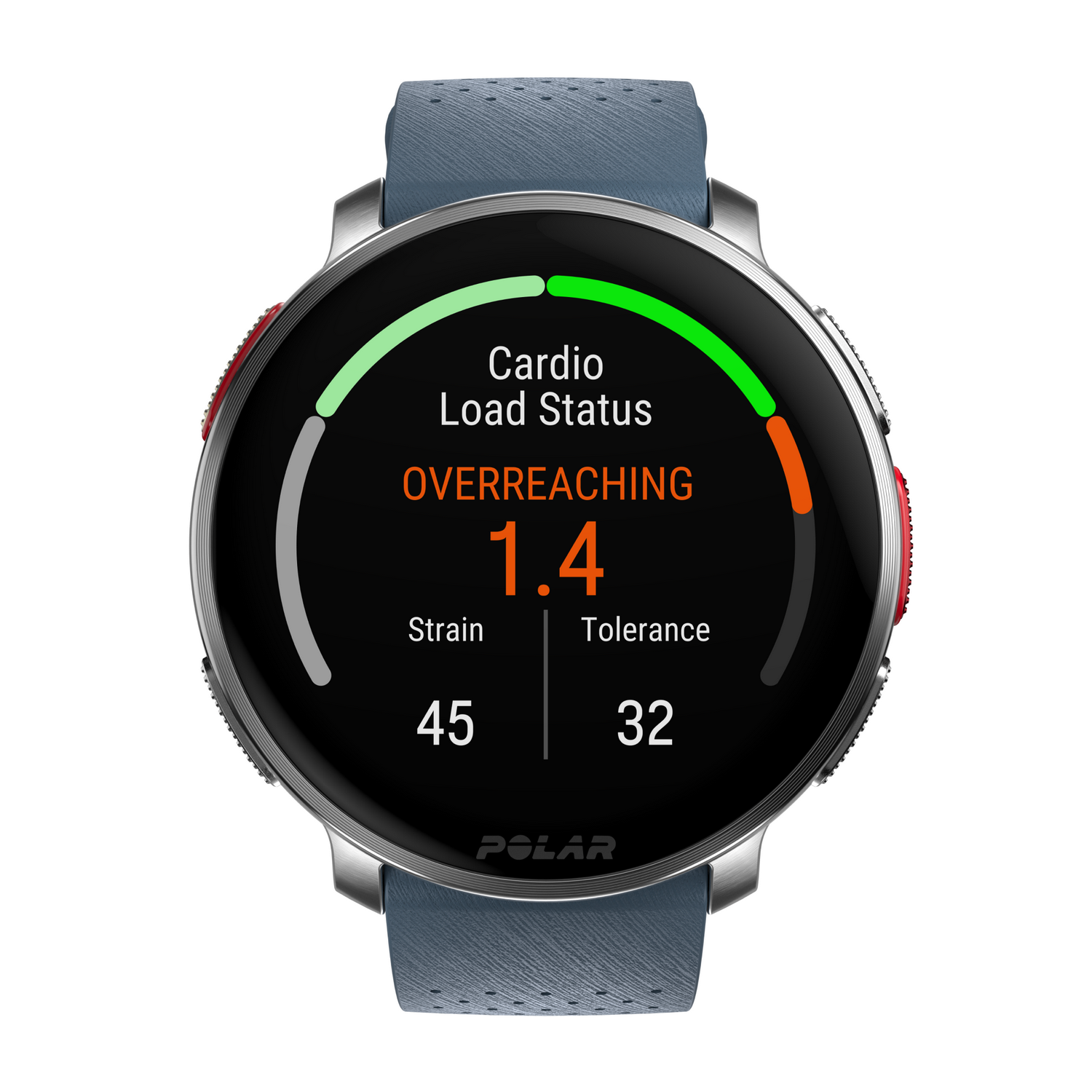 Un smartwatch negro con una correa negra que muestra múltiples métricas de salud.