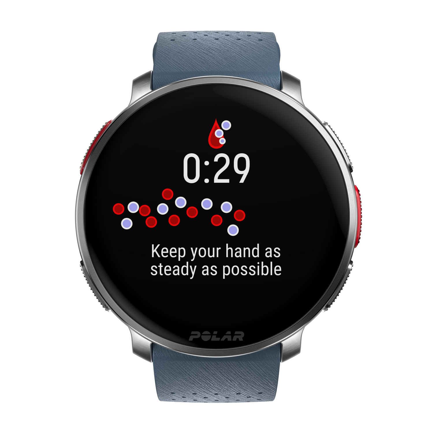 Smartwatch mostrando 0:29 y un indicador de progreso. Texto: 'Keep your hand as steady as possible'.