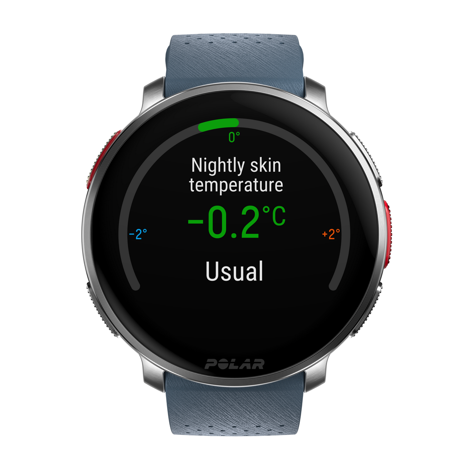 Un reloj inteligente Polar con una esfera negra. Muestra lecturas de temperatura y la palabra 'Usual'.