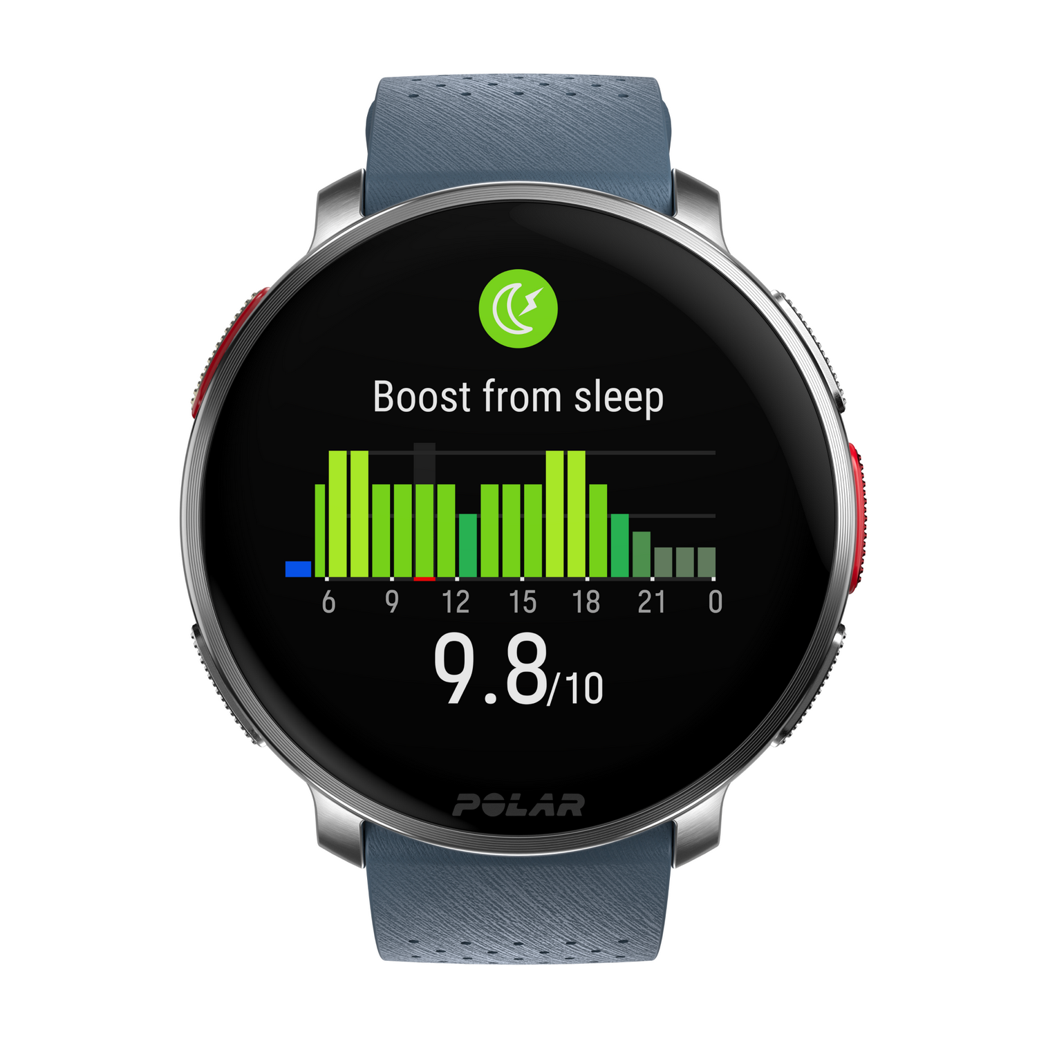 Un reloj inteligente Polar muestra datos de sueño. La pantalla muestra un gráfico, una calificación de 9.8/10 y el texto "Boost from sleep".