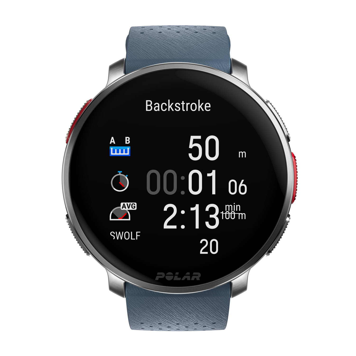 Un smartwatch muestra un tiempo de natación de 00:01:06. Tiene una correa azul y botones rojos.