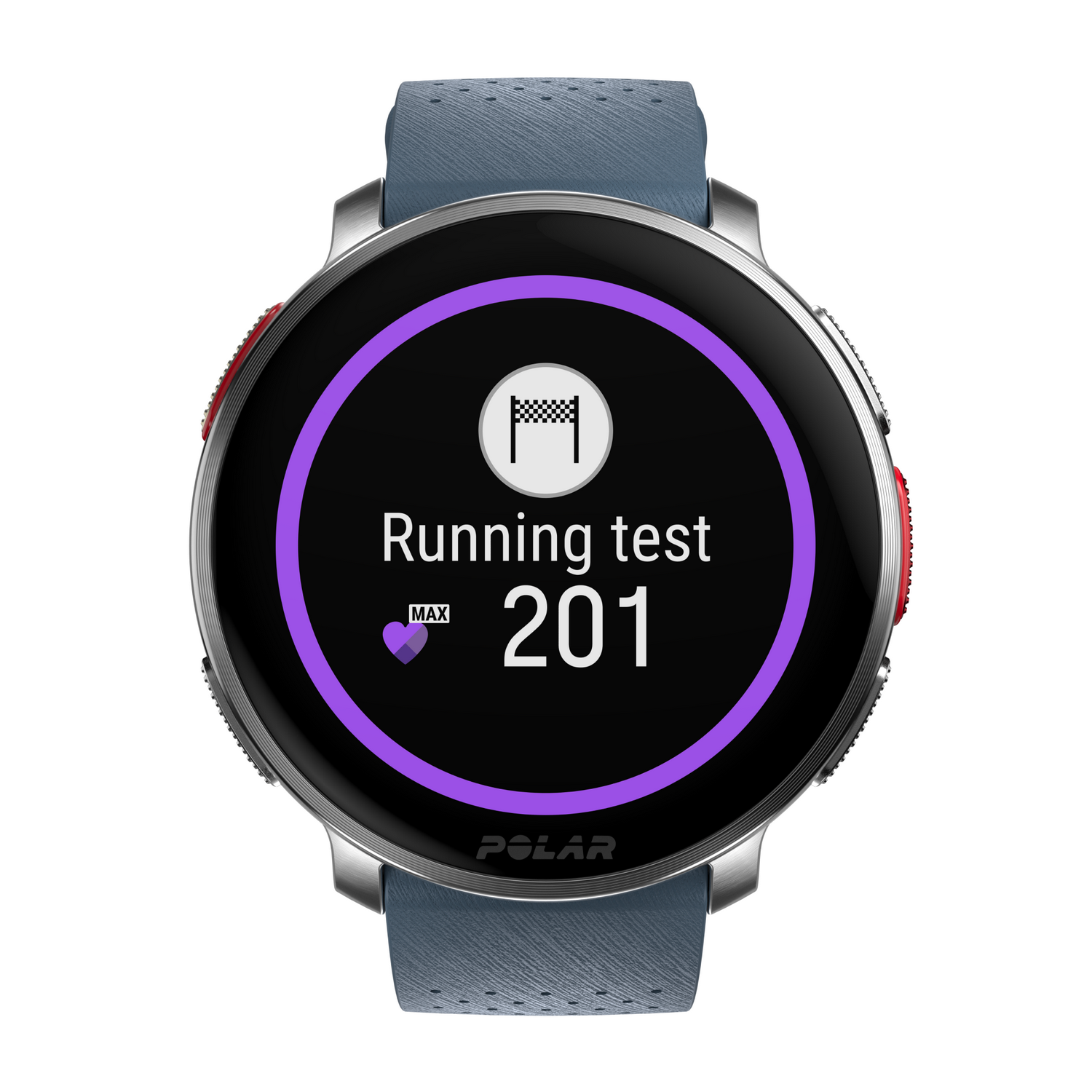 Smartwatch con información de prueba de carrera. Pantalla negra con texto blanco y círculo morado.