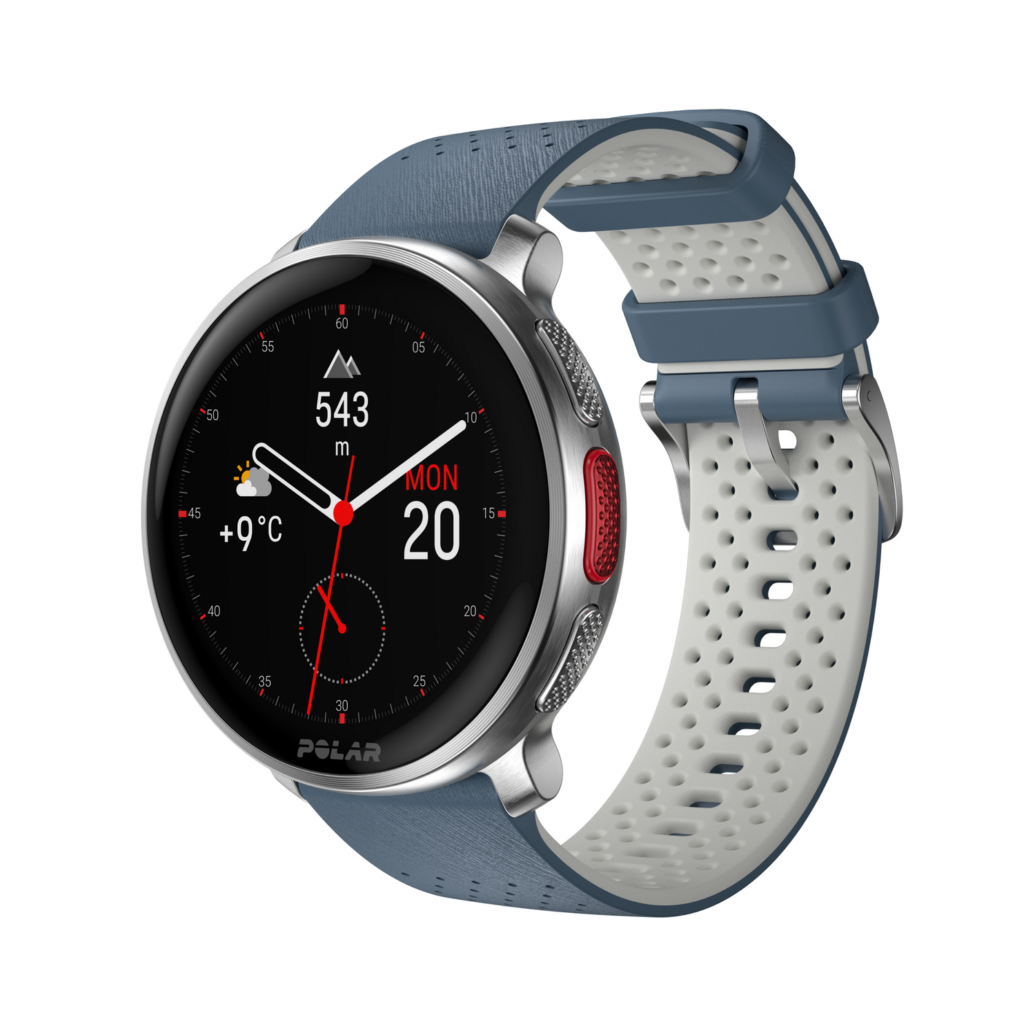 Smartwatch con pantalla redonda negra, botón rojo y correa azul.