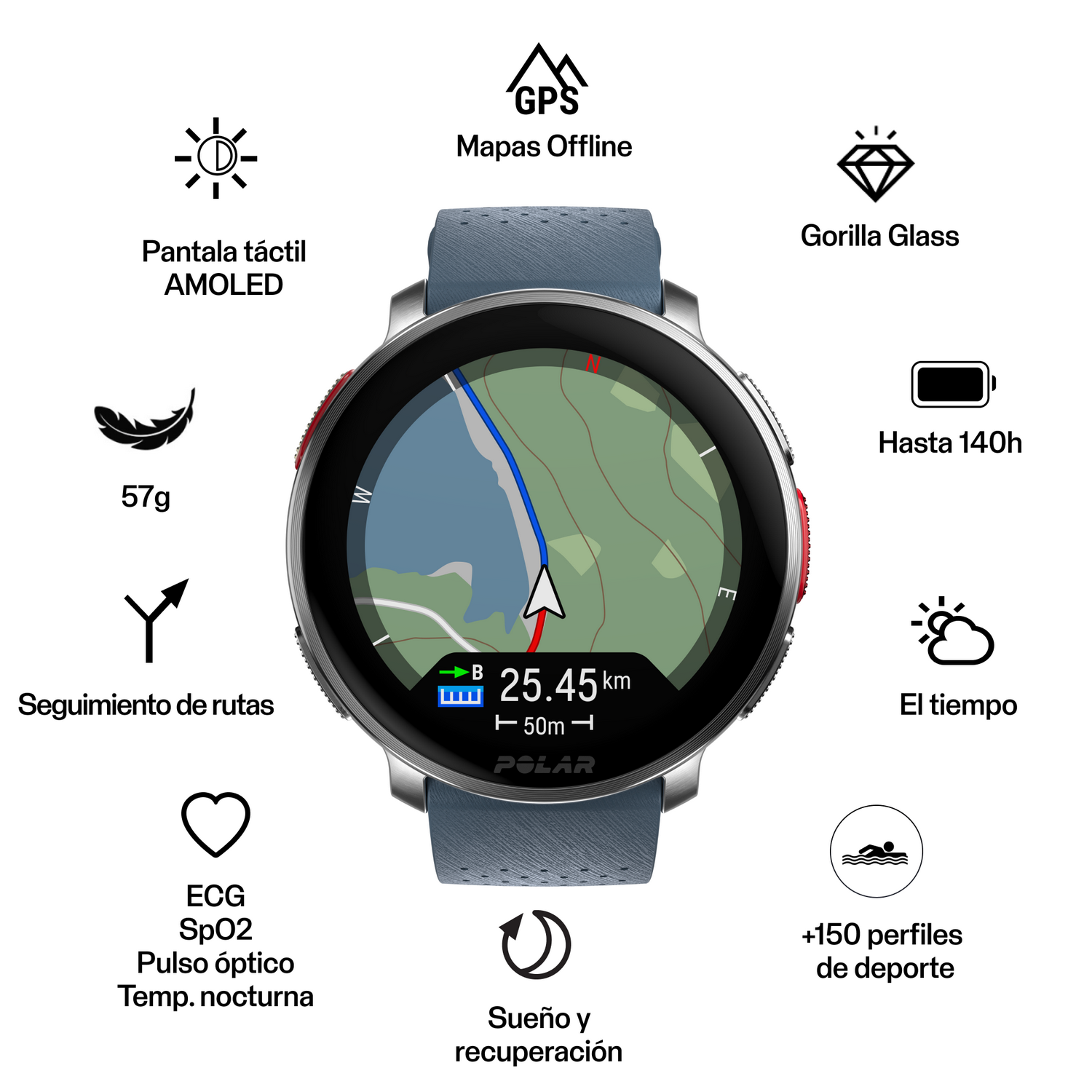 Un smartwatch con correa azul. Muestra un mapa con seguimiento de ruta y otras funciones.