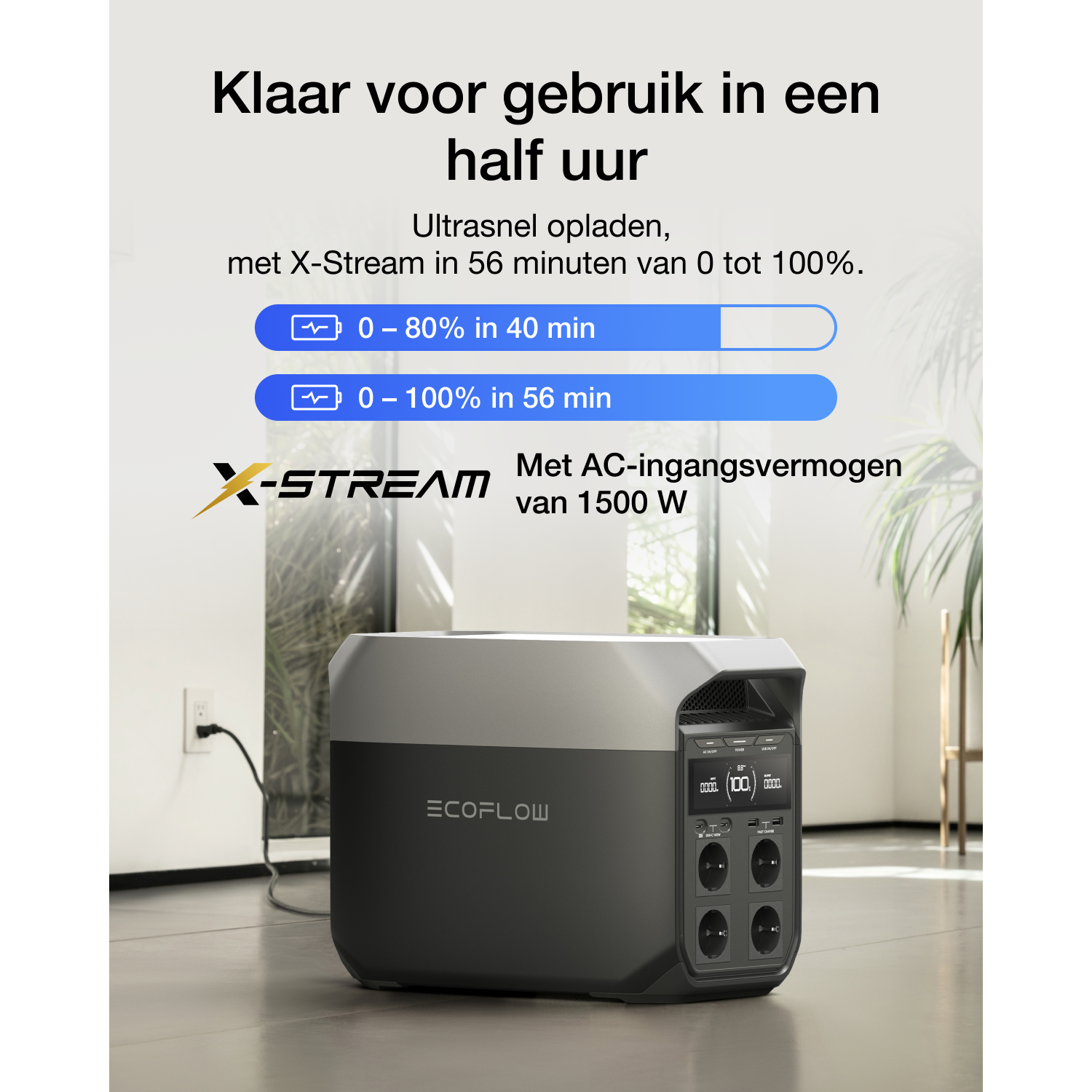 Portable power station with a display. Text and graphics on the front. White background.