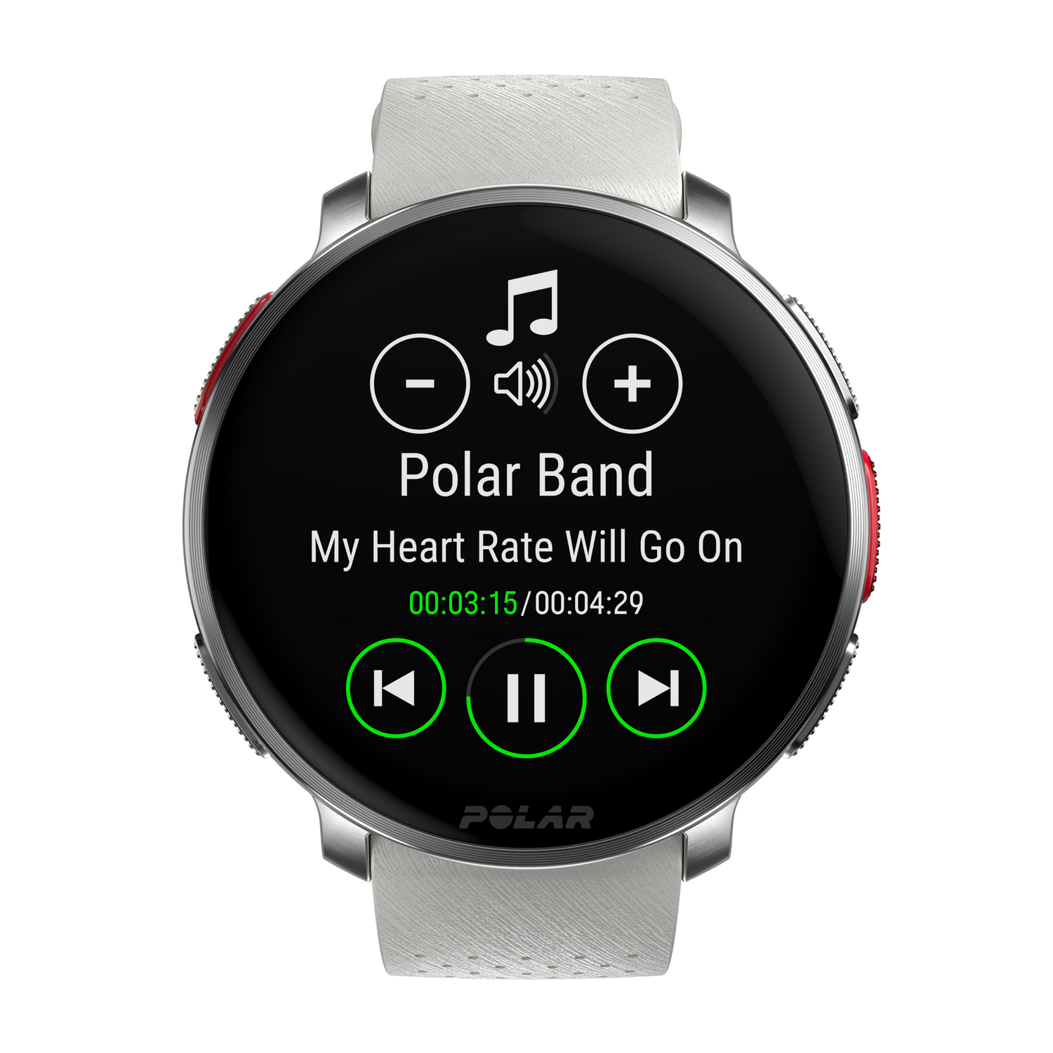 Un smartwatch Polar Band muestra una interfaz de música con botones de volumen, reproducir/pausar y saltar.