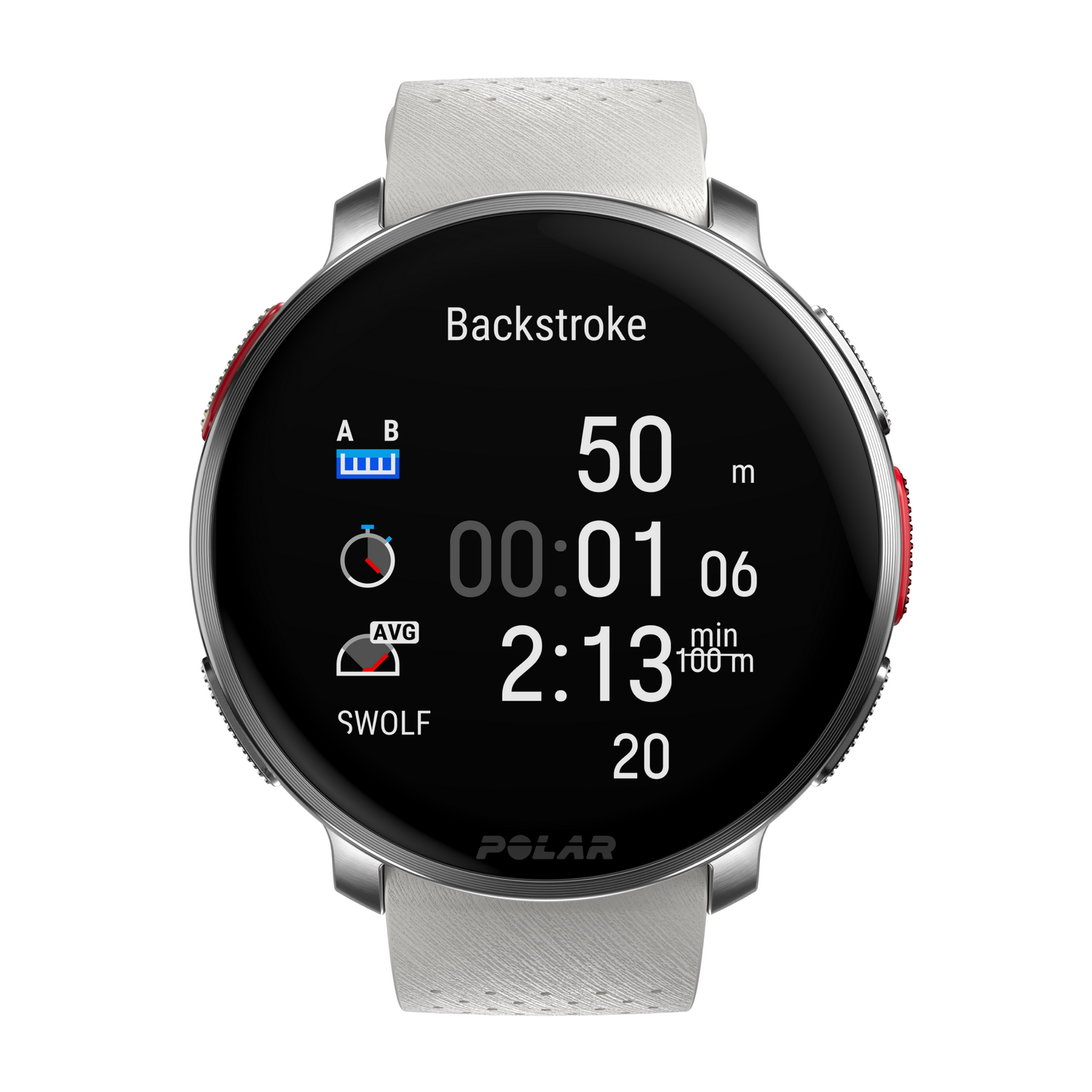 Un reloj inteligente con pantalla negra que muestra datos de entrenamiento: tiempo, distancia y frecuencia cardíaca.