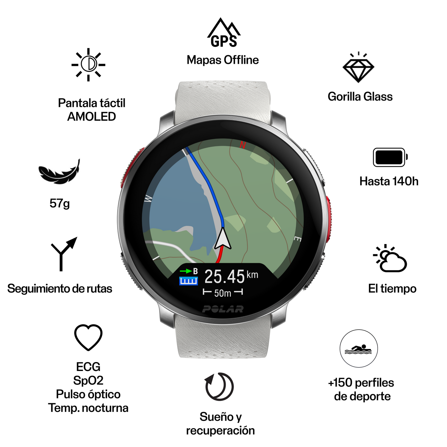Reloj inteligente mostrando un mapa, ruta y métricas de salud, rodeado de iconos.