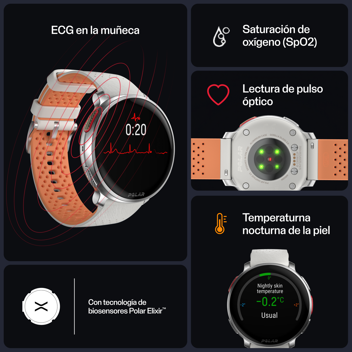 Reloj inteligente en muñeca, mostrando ECG, SpO2 y datos de temperatura de la piel. Correa naranja, esfera blanca.