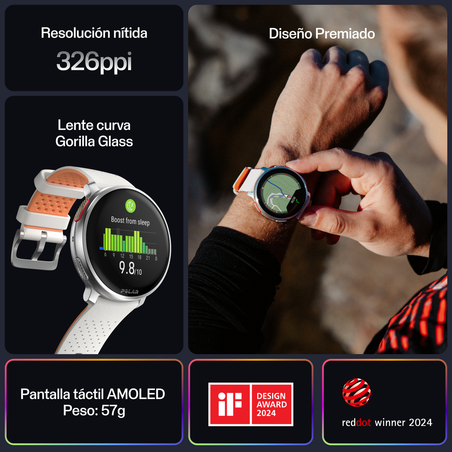 Un reloj inteligente blanco y naranja con lente Gorilla Glass curvada, mostrando datos de fitness en la pantalla.