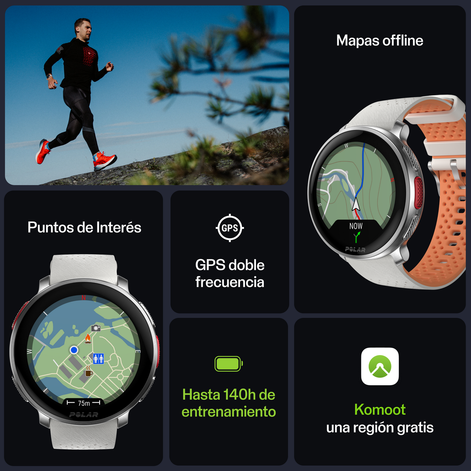 Un hombre corre con un reloj inteligente. Muestra mapa, datos GPS y duración de la batería, con integración Komoot.