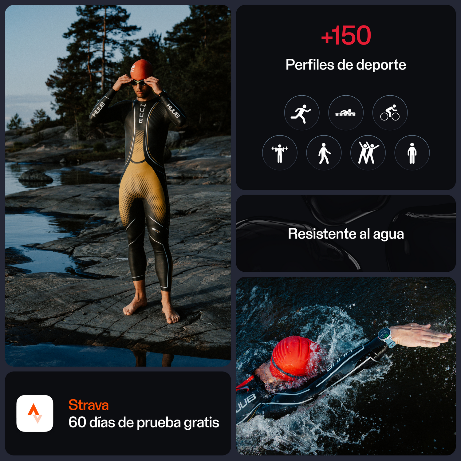 Atleta con traje de neopreno poniéndose gorro, iconos e imágenes de deportes.