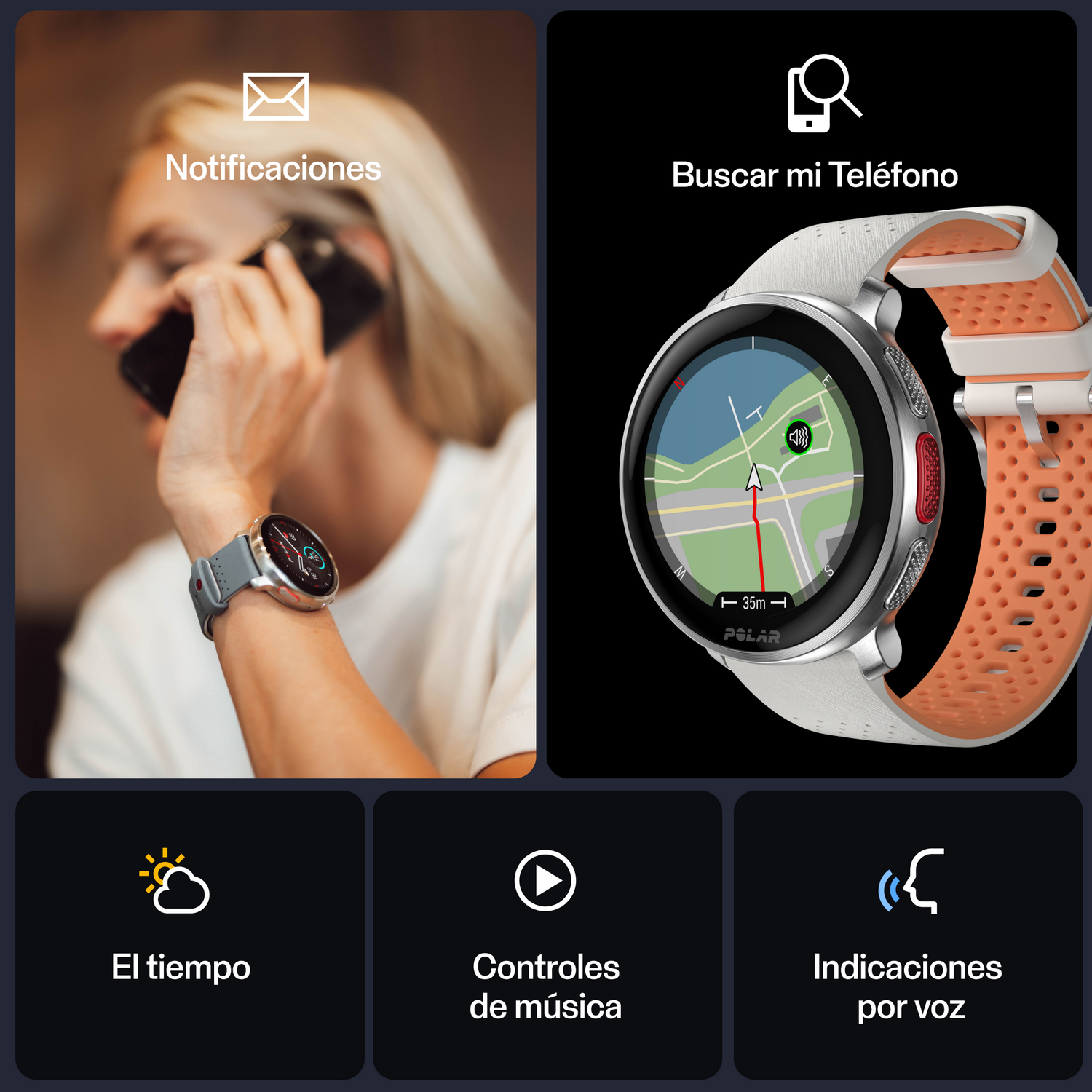 Una mujer usa un reloj inteligente mientras llama. Muestra notificaciones, buscador de teléfono, clima, control de música y guía por voz.