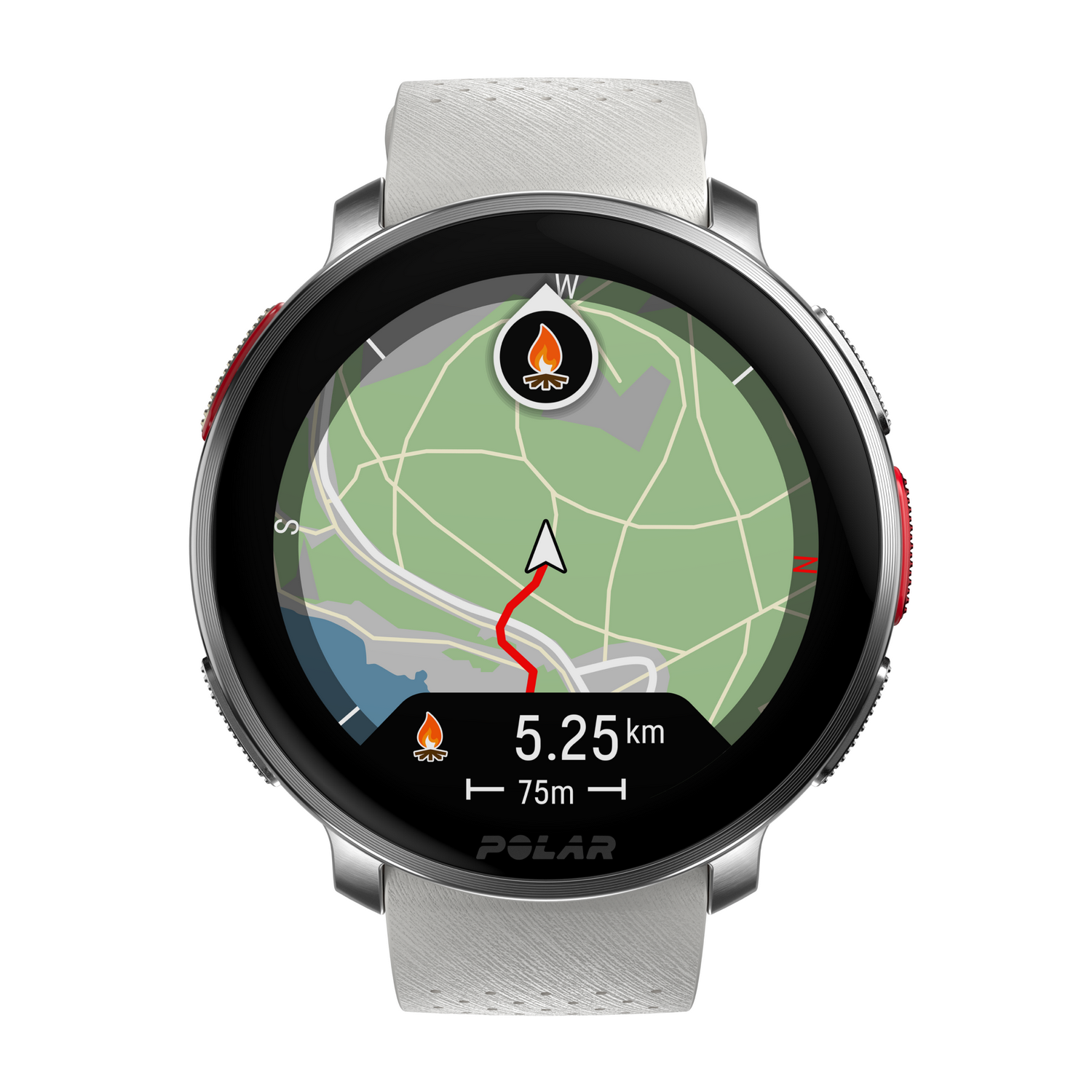 Primer plano de reloj deportivo plateado con correa blanca. Pantalla muestra mapa con ruta y métricas.