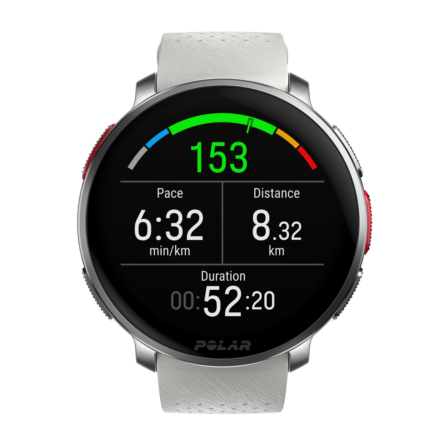 Un reloj inteligente muestra métricas de ritmo, distancia y duración durante una carrera. La pantalla muestra ritmo a 6:32 min/km.