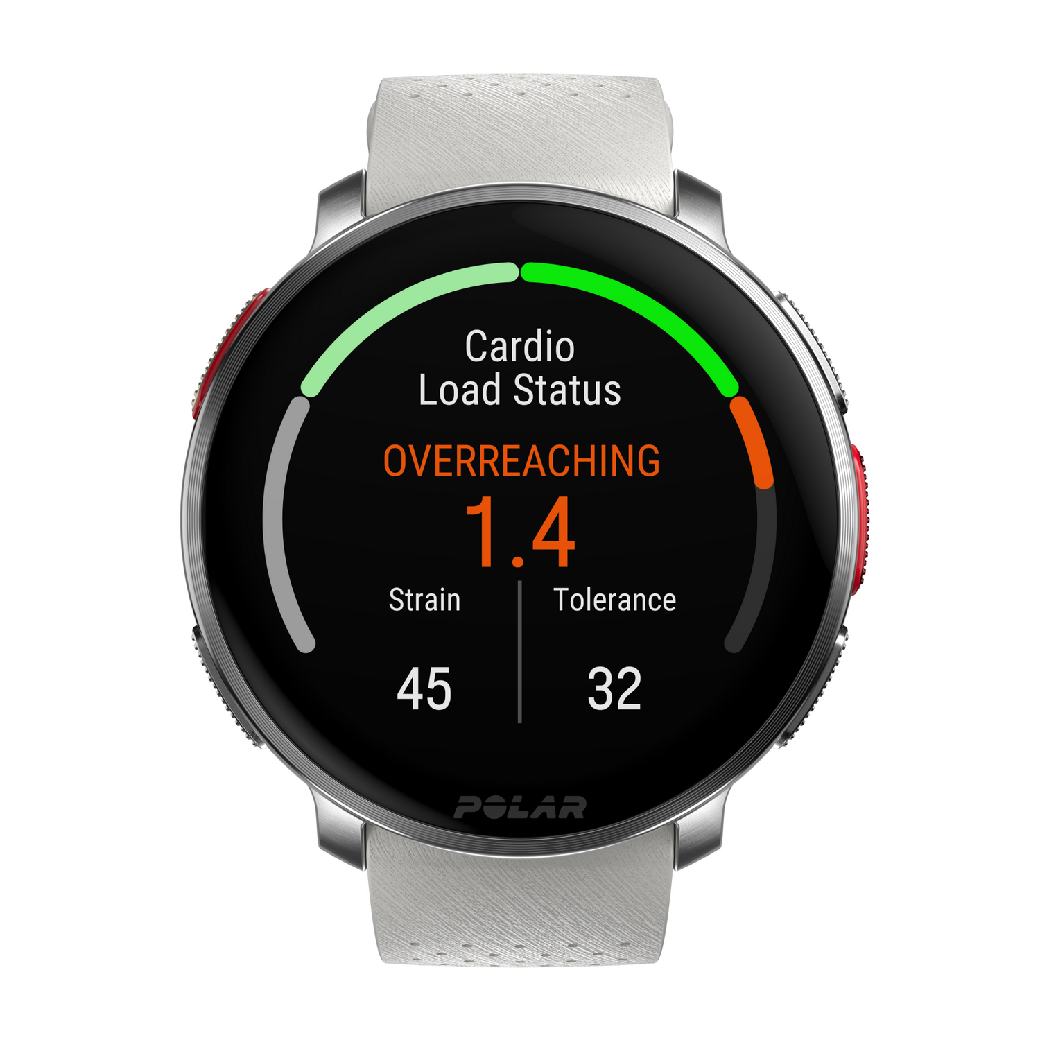 Un reloj inteligente Polar con una pantalla que muestra el estado de la carga cardíaca como sobreentrenamiento.