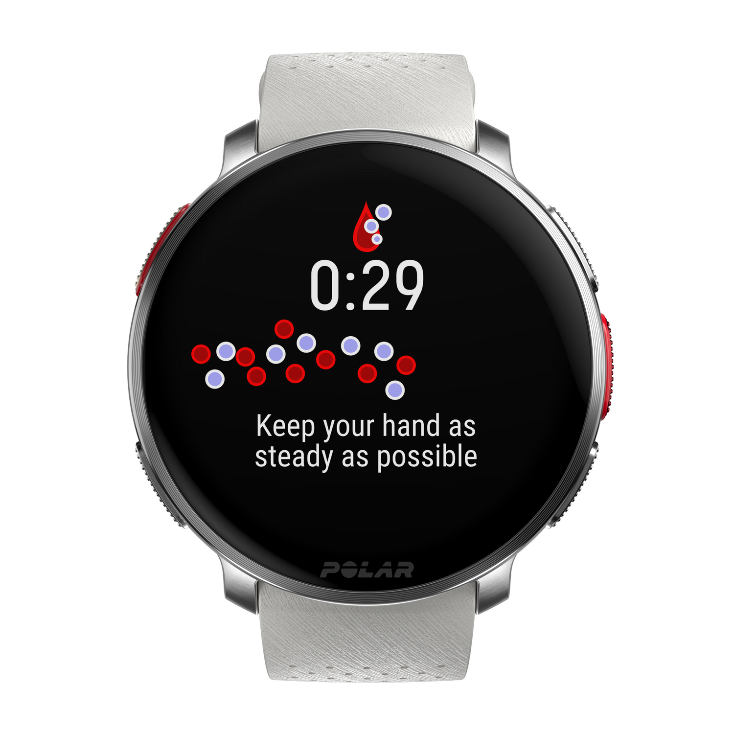 Smartwatch mostrando un temporizador, con círculos rojos y morados.