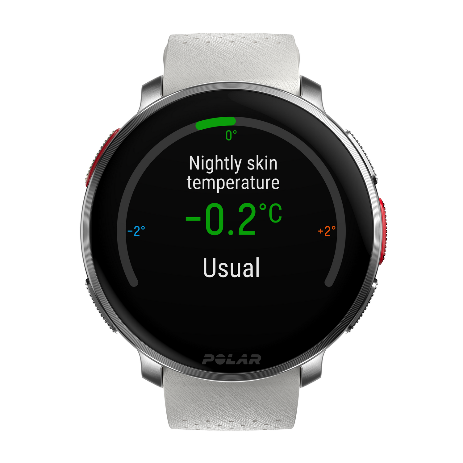 La pantalla del reloj inteligente muestra la temperatura nocturna de la piel, -0.2°C, con rango de -2°C a +2°C. El estado es 'Normal'.