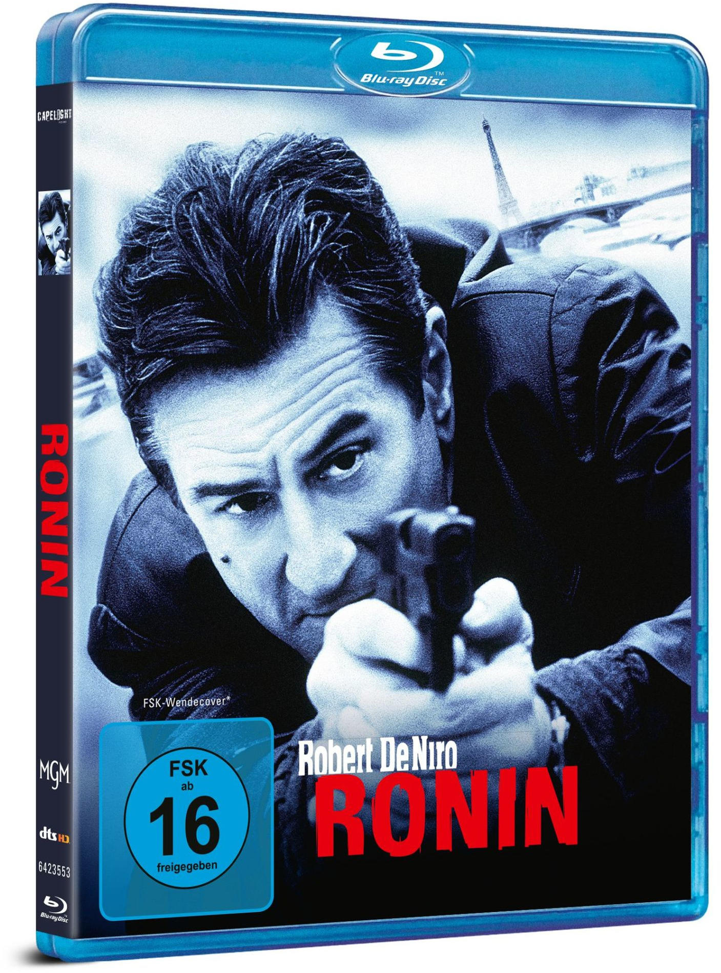 Blu-ray-Filmhülle mit einem Mann, der eine Waffe hält.
