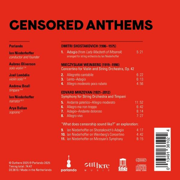 Noten mit Text. Text: CENSURED ANTHEMS. Die Musik ist für Violine und Orchester.