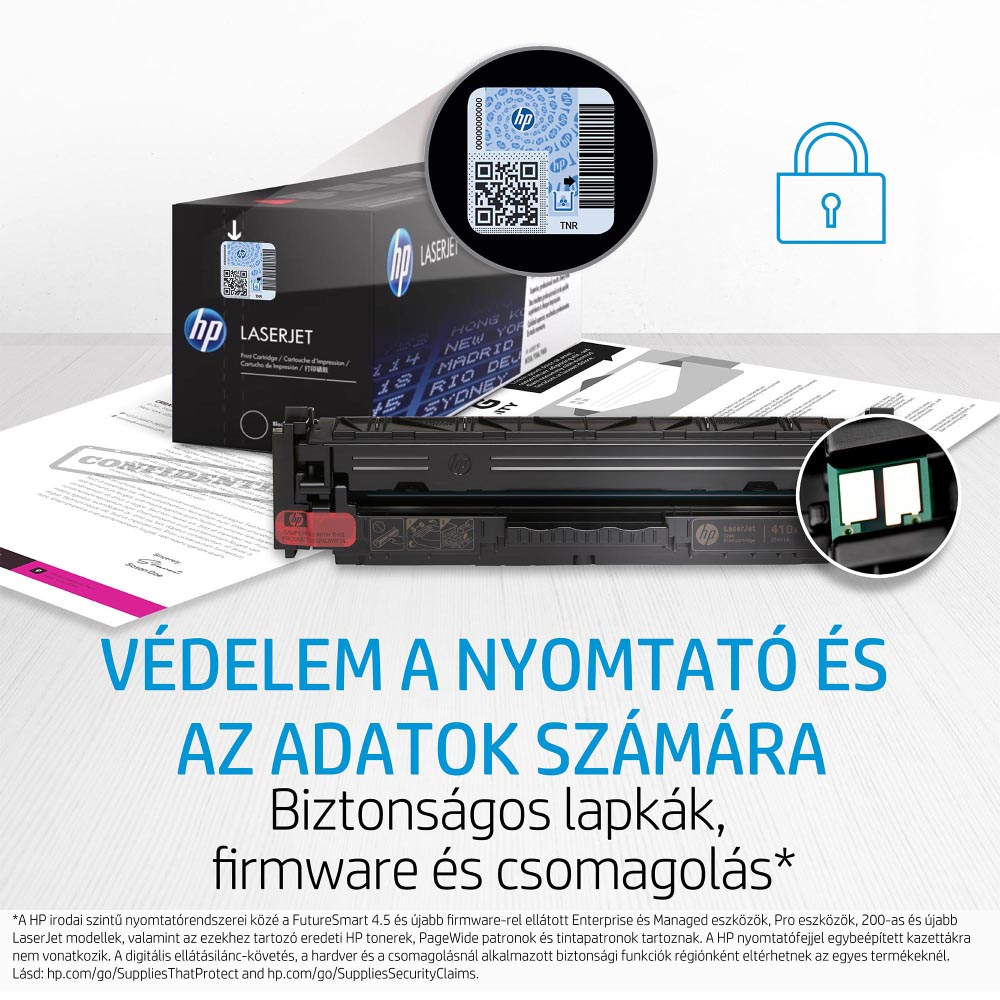 Egy nyomtatópatron biztonságos zár ikonnal. A patron fekete, vonalkóddal és HP címkével.