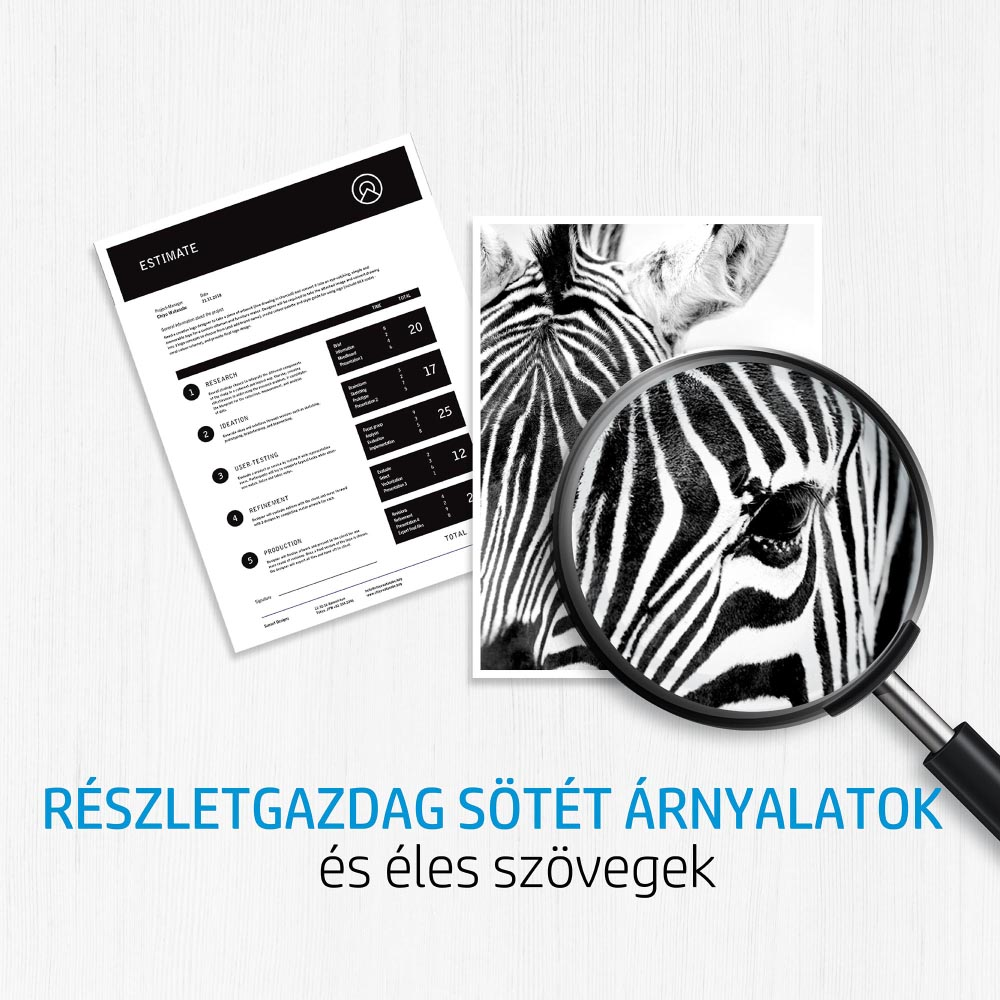 Egy dokumentum egy zebra képével. Egy nagyító van a kép felett. Szöveg: Részletgazdag sötét árnyalatok.