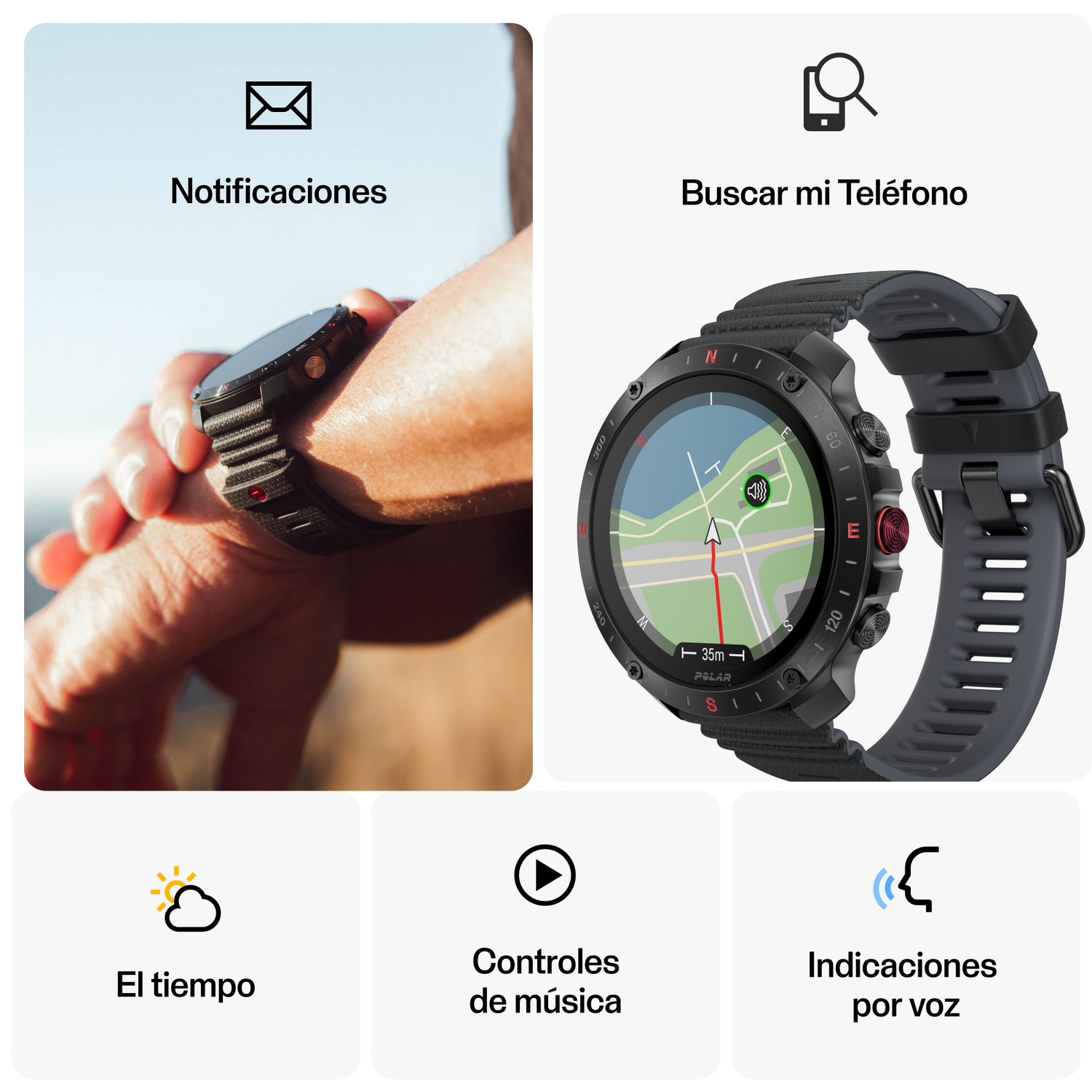 Smartwatch con mapa e iconos de funciones. Iconos incluyen notificaciones, música y tiempo.