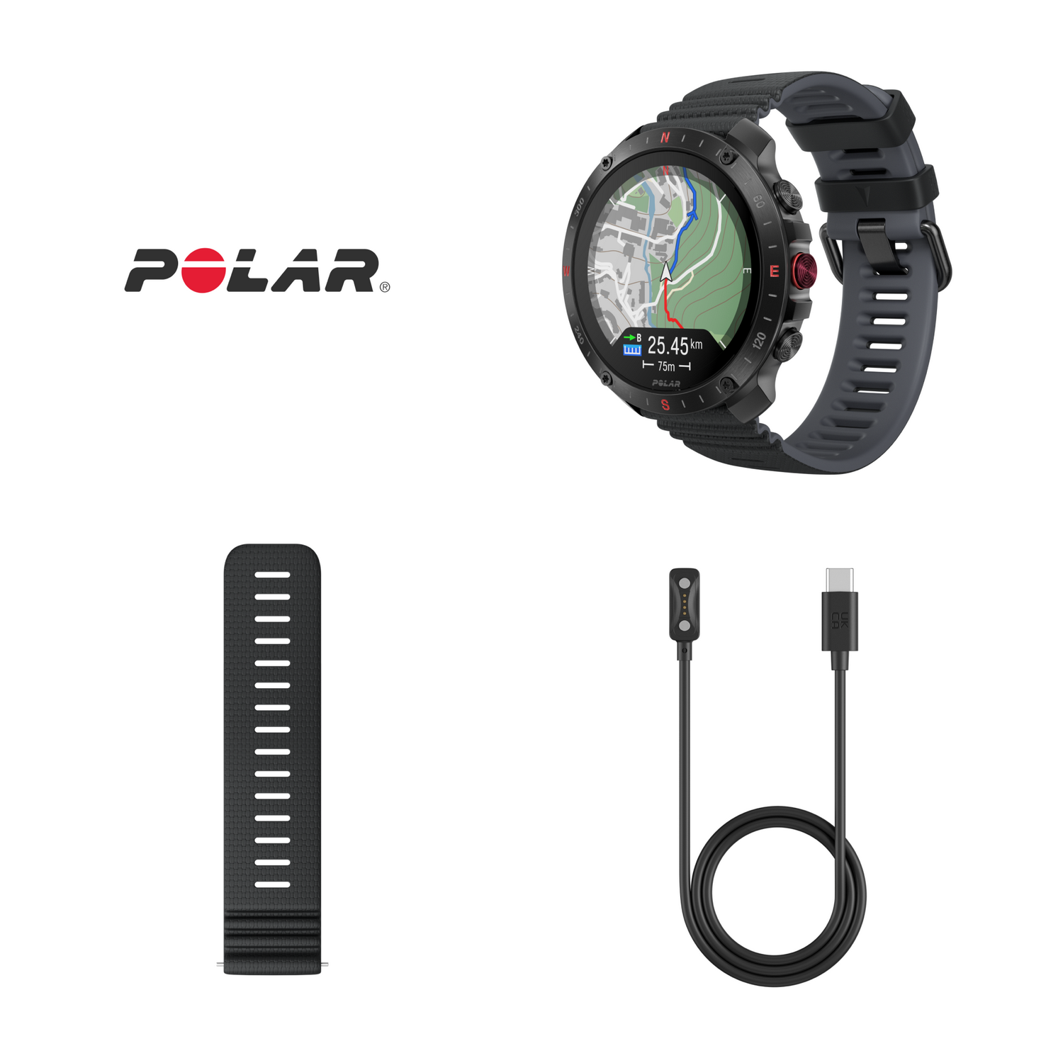 Un reloj Polar, una correa, un cargador y un cable USB.