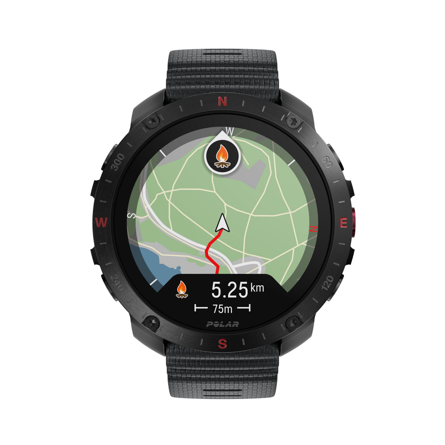 Un smartwatch negro con interfaz de mapa, mostrando una ruta de senderismo.