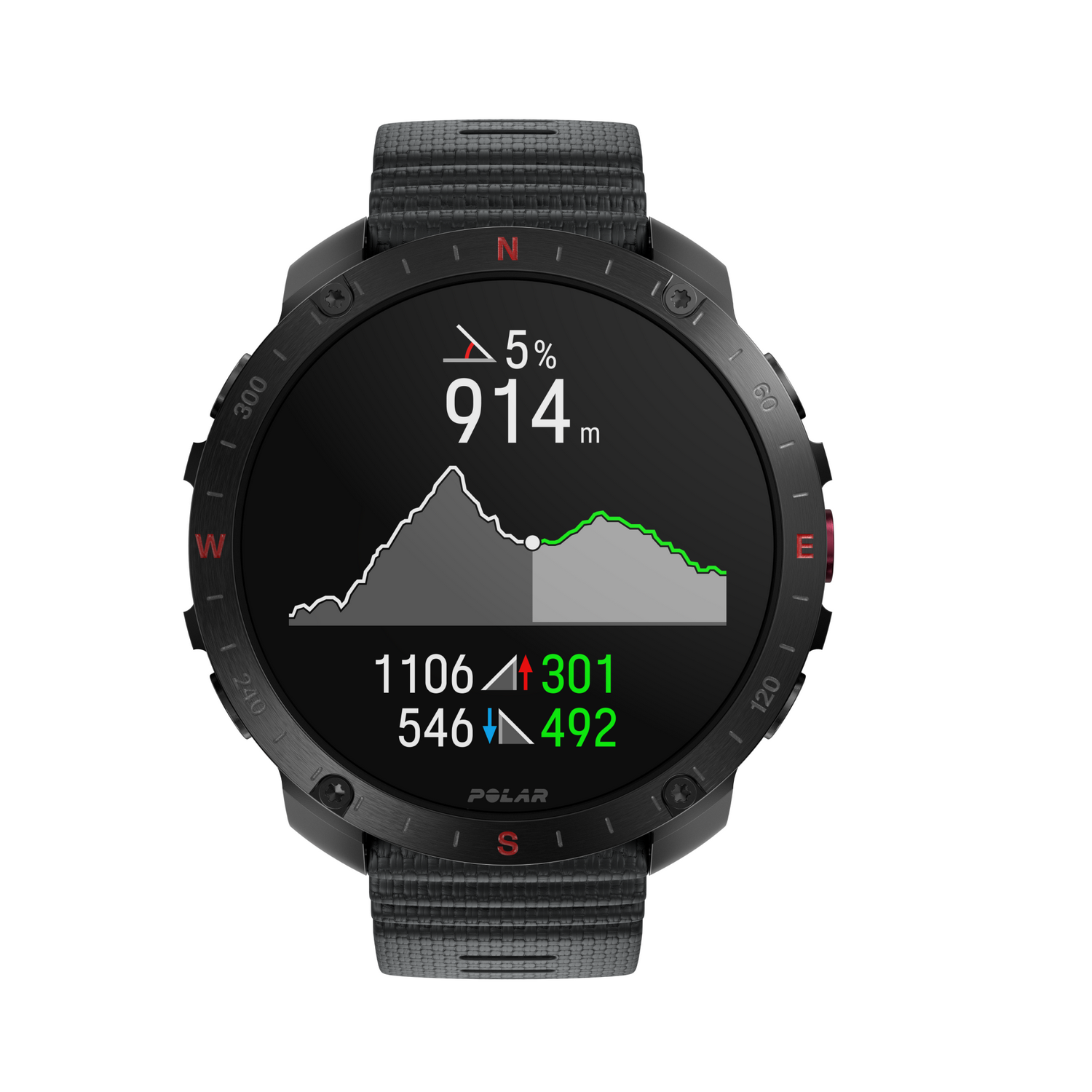 Un smartwatch negro mostrando un gráfico de elevación y datos de altitud.