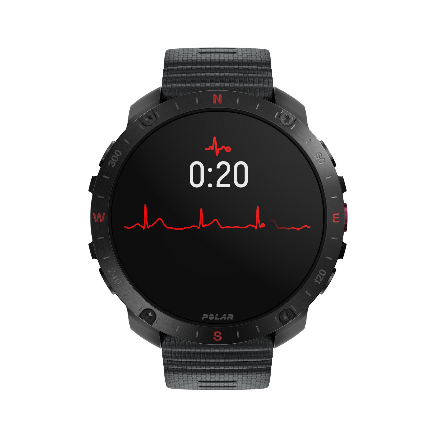Un smartwatch negro mostrando un gráfico de ECG rojo con frecuencia cardíaca.
