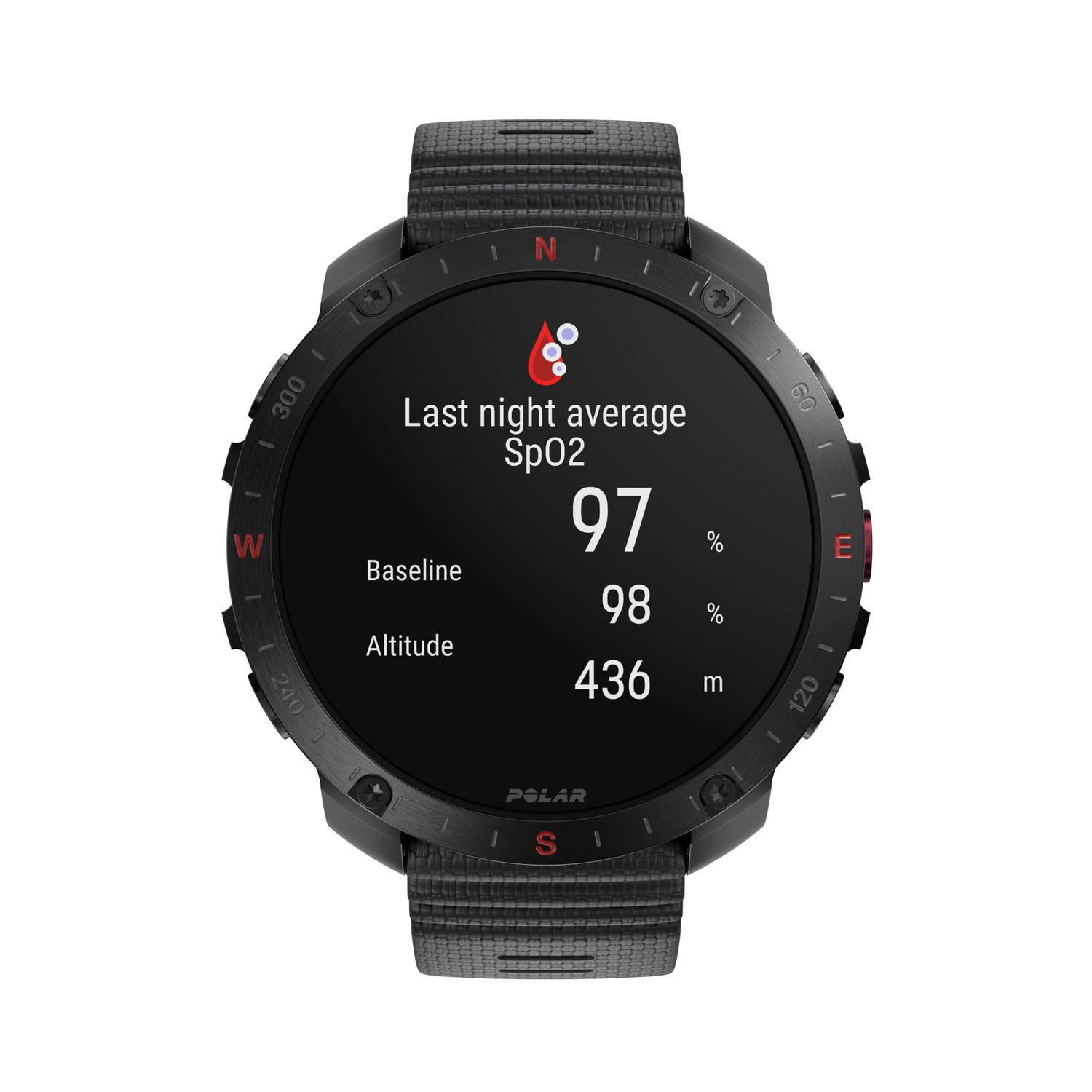 Smartwatch negra mostrando datos de SpO2, línea base, altitud.