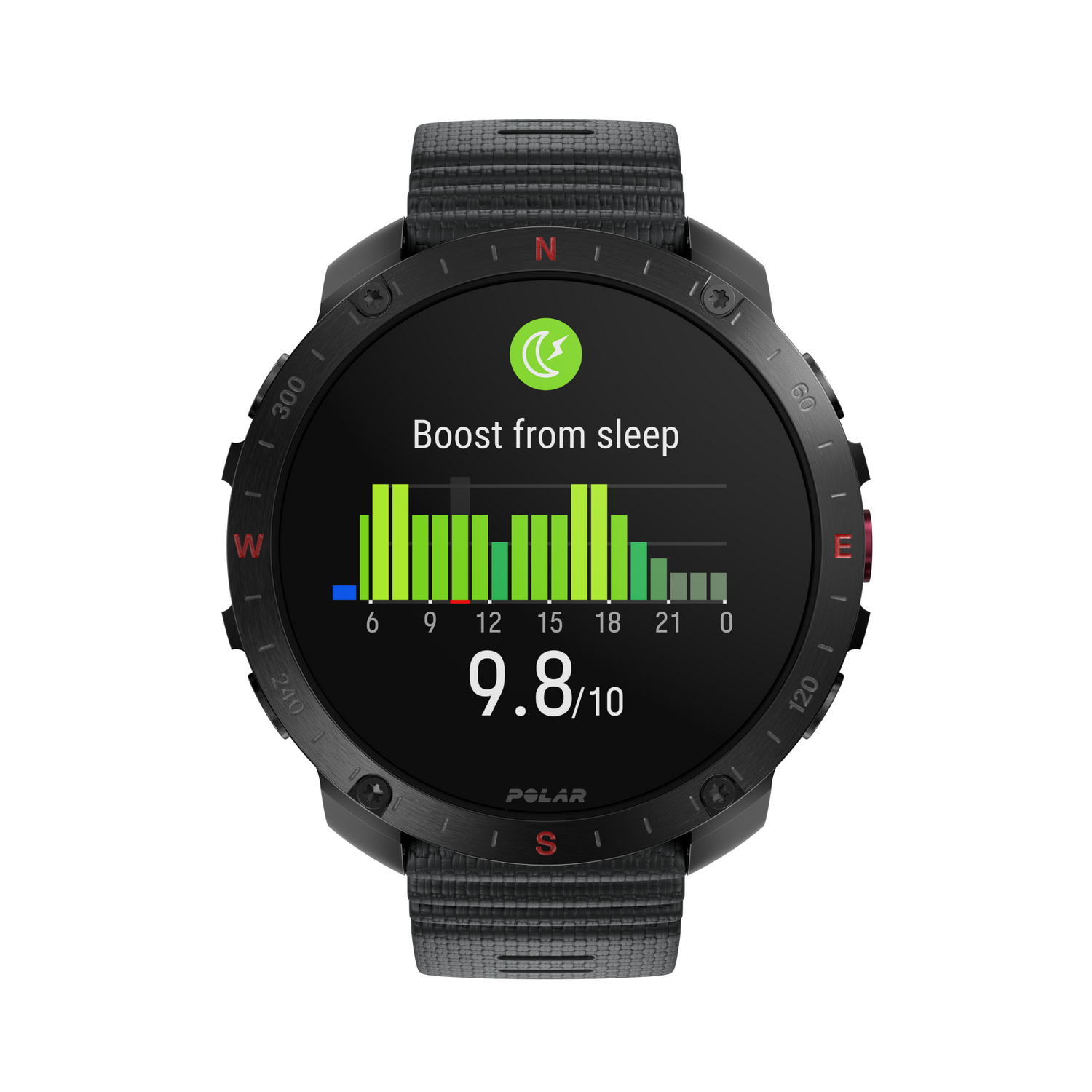 Smartwatch negra. Muestra datos de sueño con gráficos. Texto: 9.8/10, Boost from sleep.
