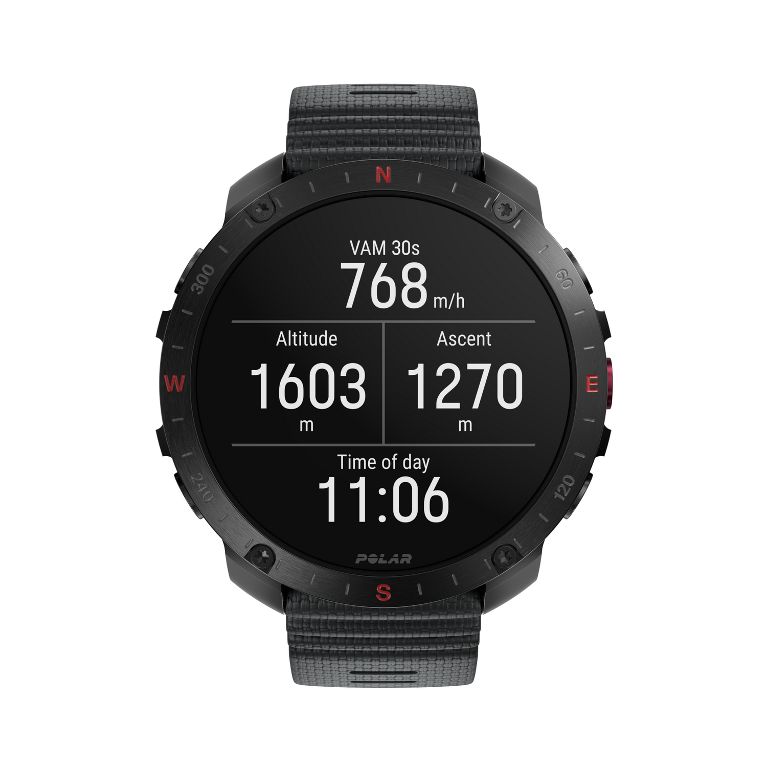 Un reloj inteligente Polar negro que muestra datos: altitud, ascenso, tiempo. Fondo blanco.