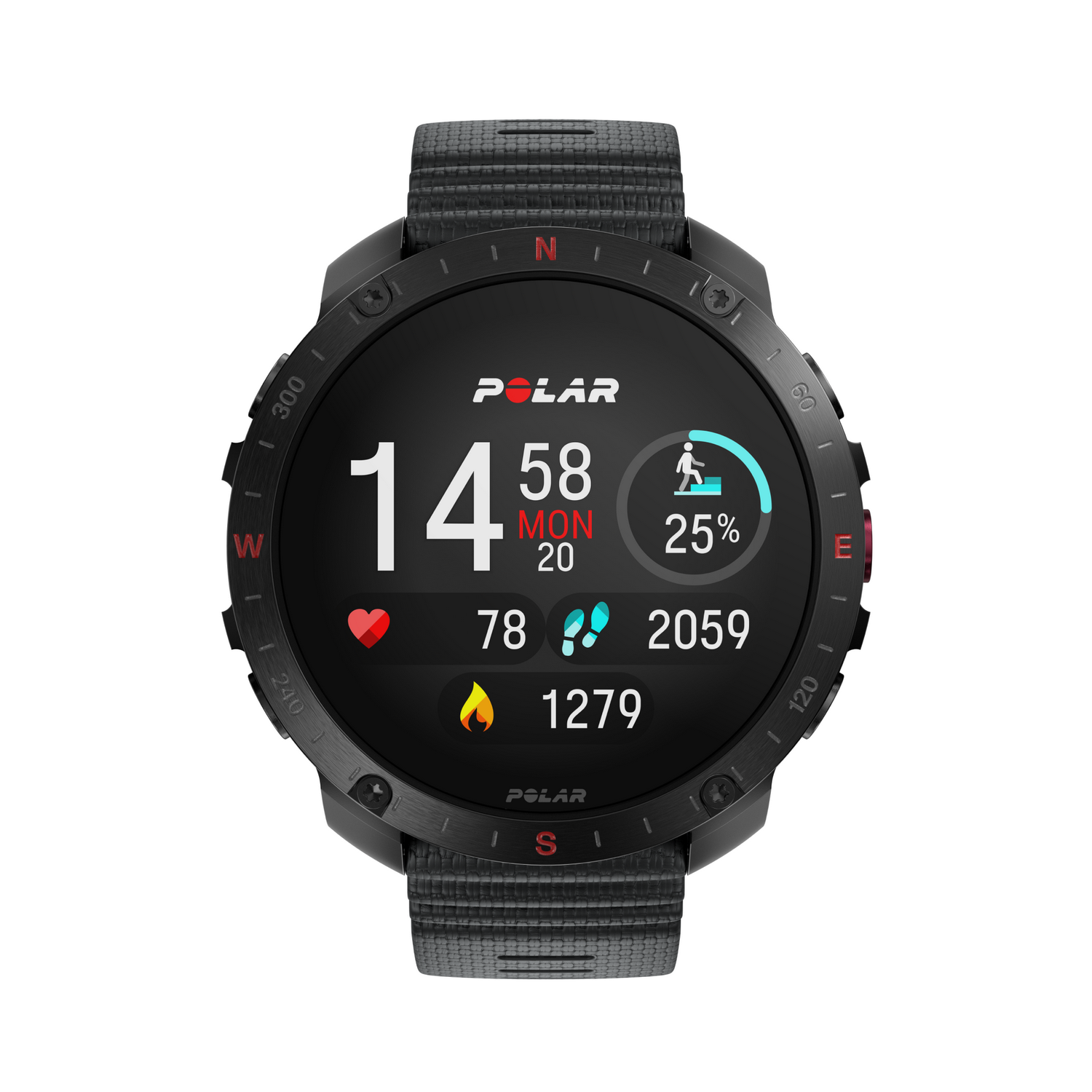 Smartwatch negra con correa negra y gris que muestra la hora y las métricas de salud.