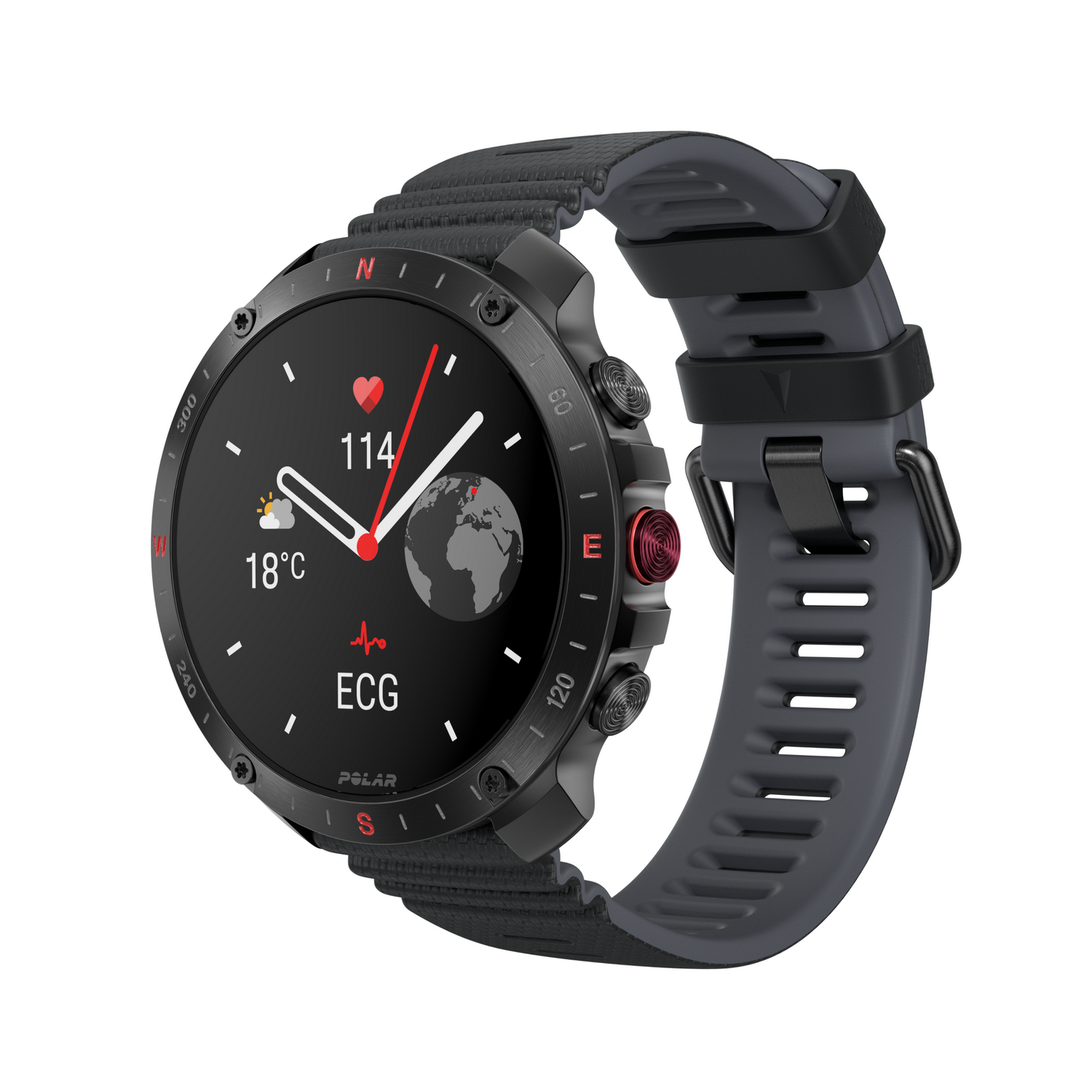 Un smartwatch negro mostrando el clima, ECG y otros datos. Vista en ángulo.