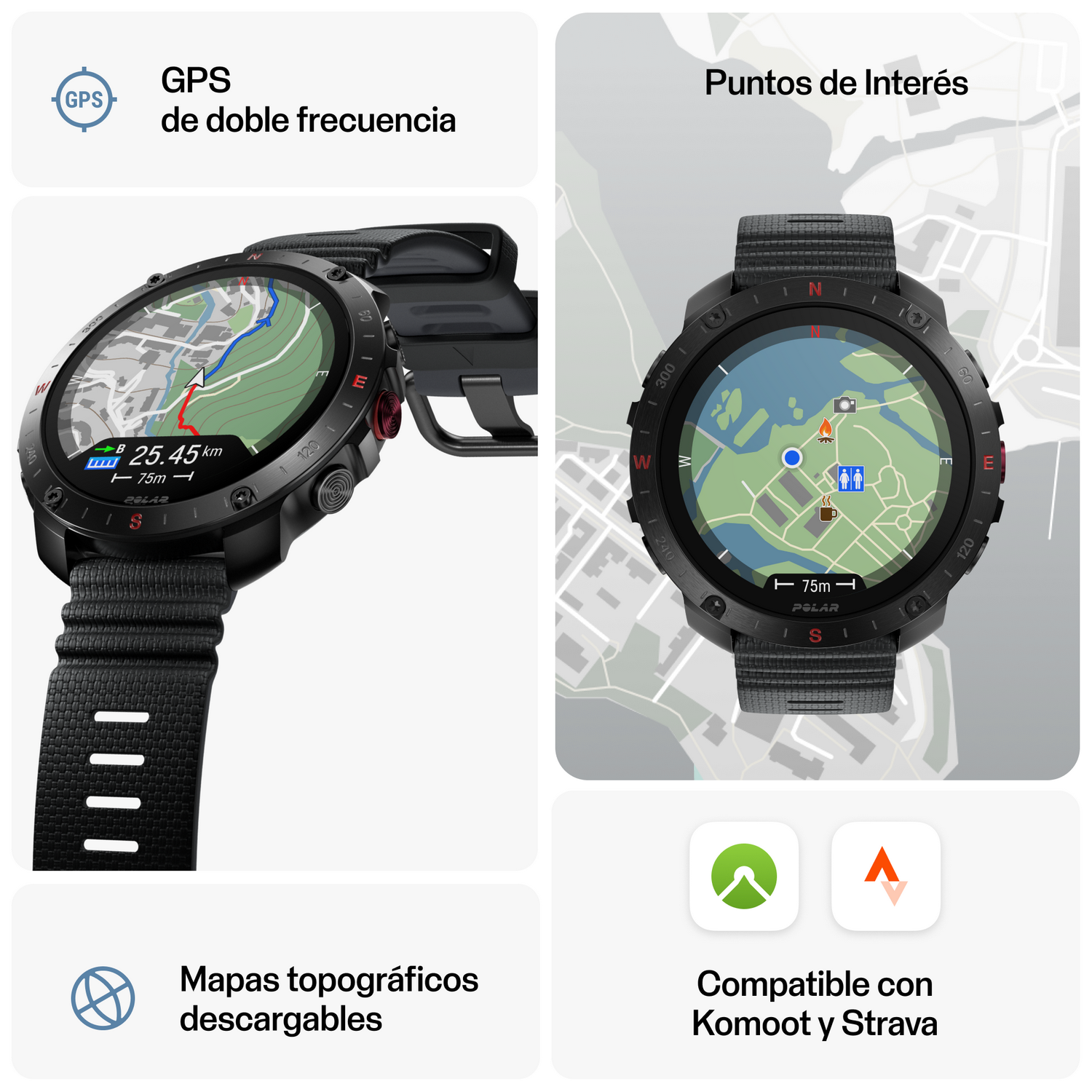 Smartwatch con visualización de mapas y otros datos. Correa negra, dos logotipos de aplicaciones.