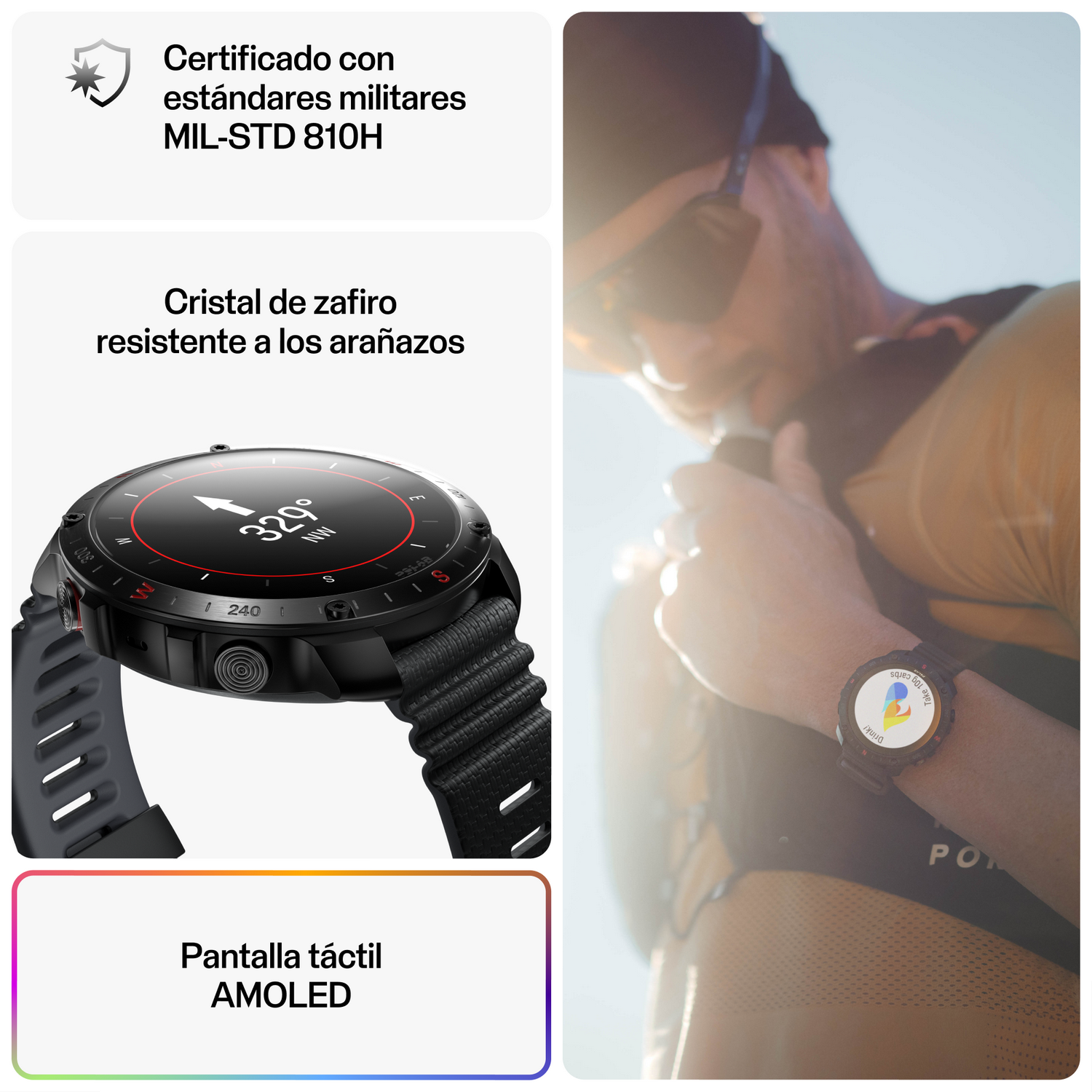 Un smartwatch negro con pantalla táctil y texto, con un hombre usando el reloj.