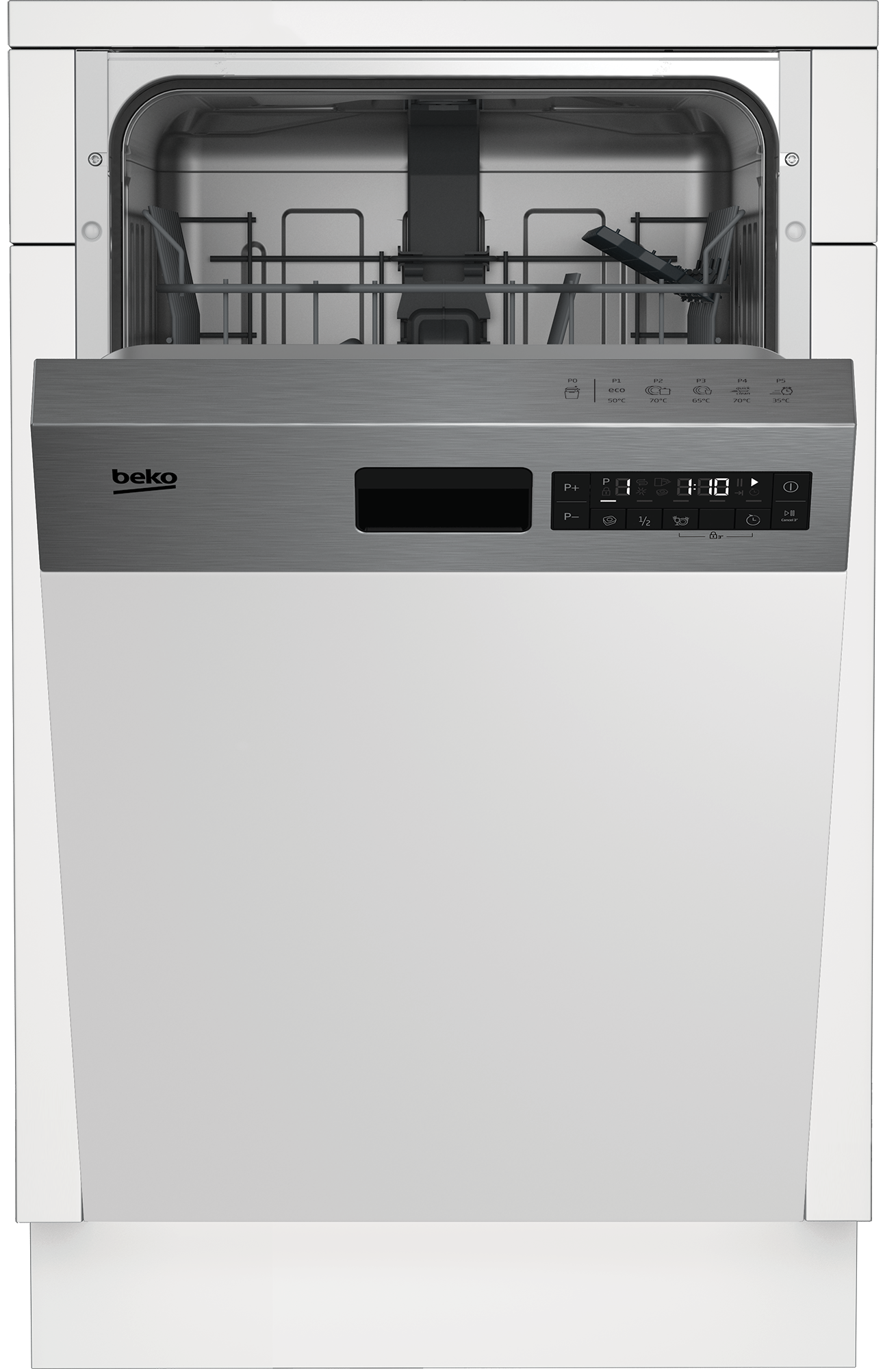 Ein weißer Beko-Geschirrspüler mit offener Tür.